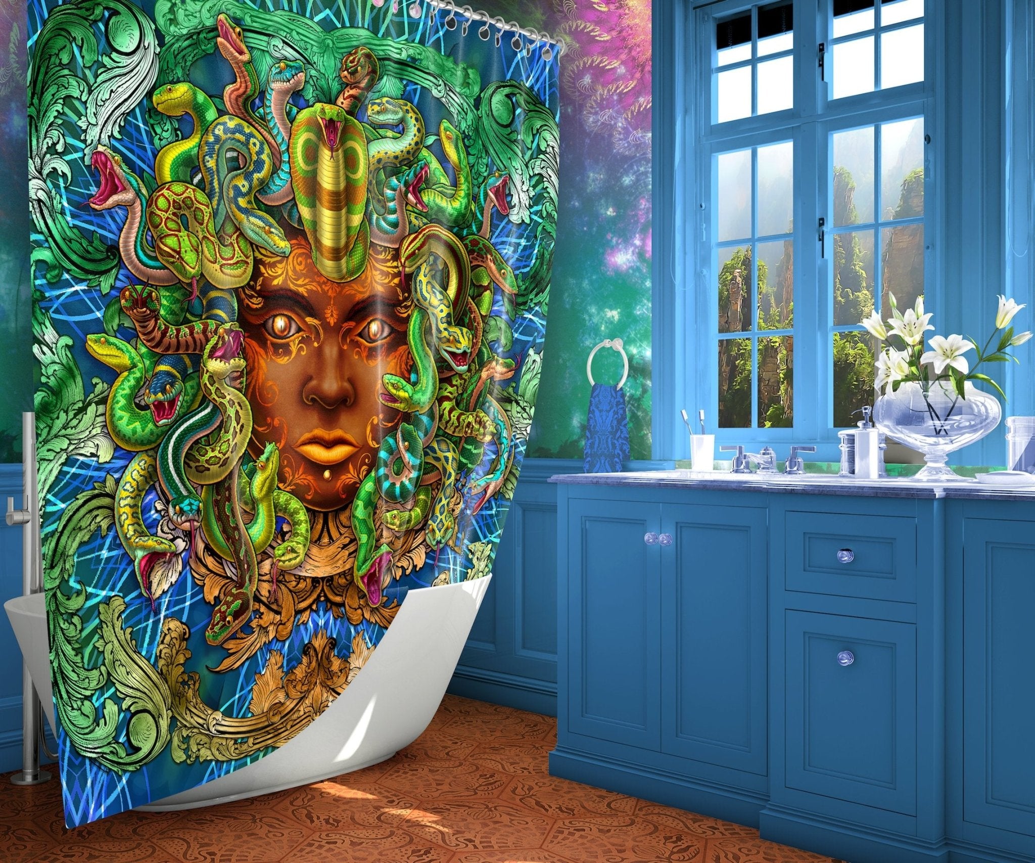 Medusa Shower Curtain, Boho and Indie Bathroom Decor, Witchy Art, Pagan Goddess - Nature, Green Snakes - Abysm Internal