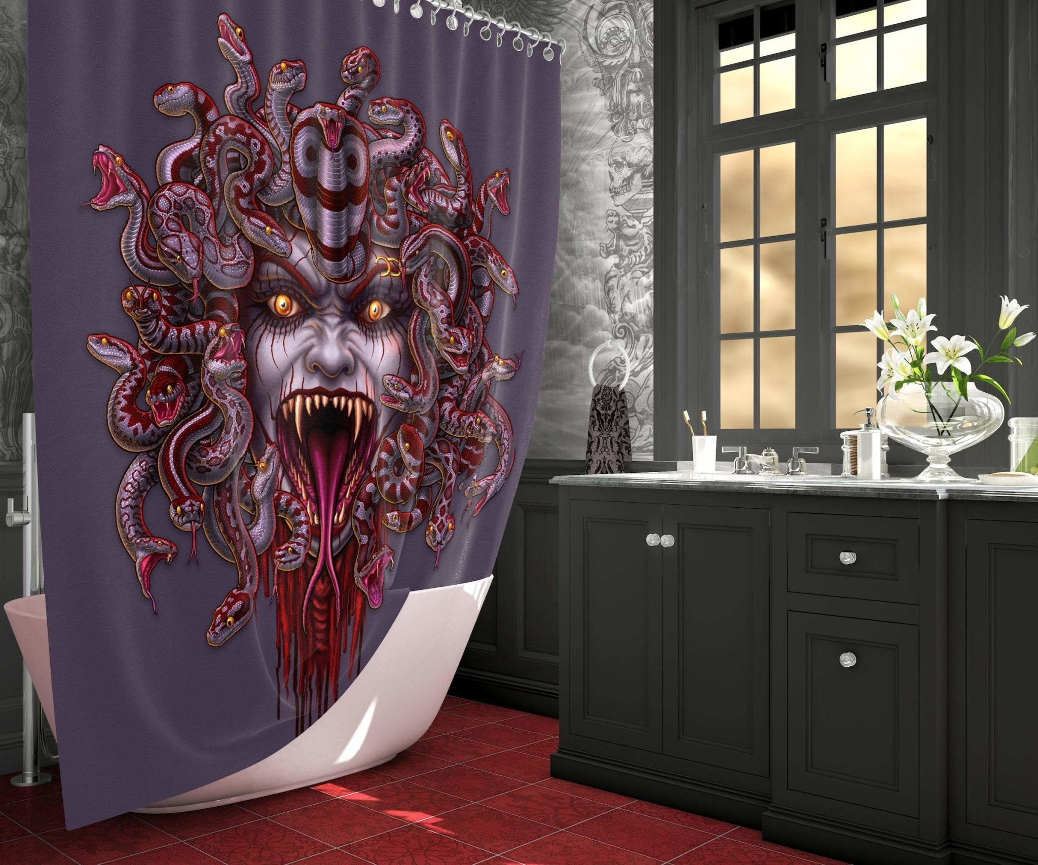 Medusa Shower Curtain, Gothic Bathroom Decor, Bloody Gorgon - Enraged, Ash, Grey & Red Snakes - Abysm Internal