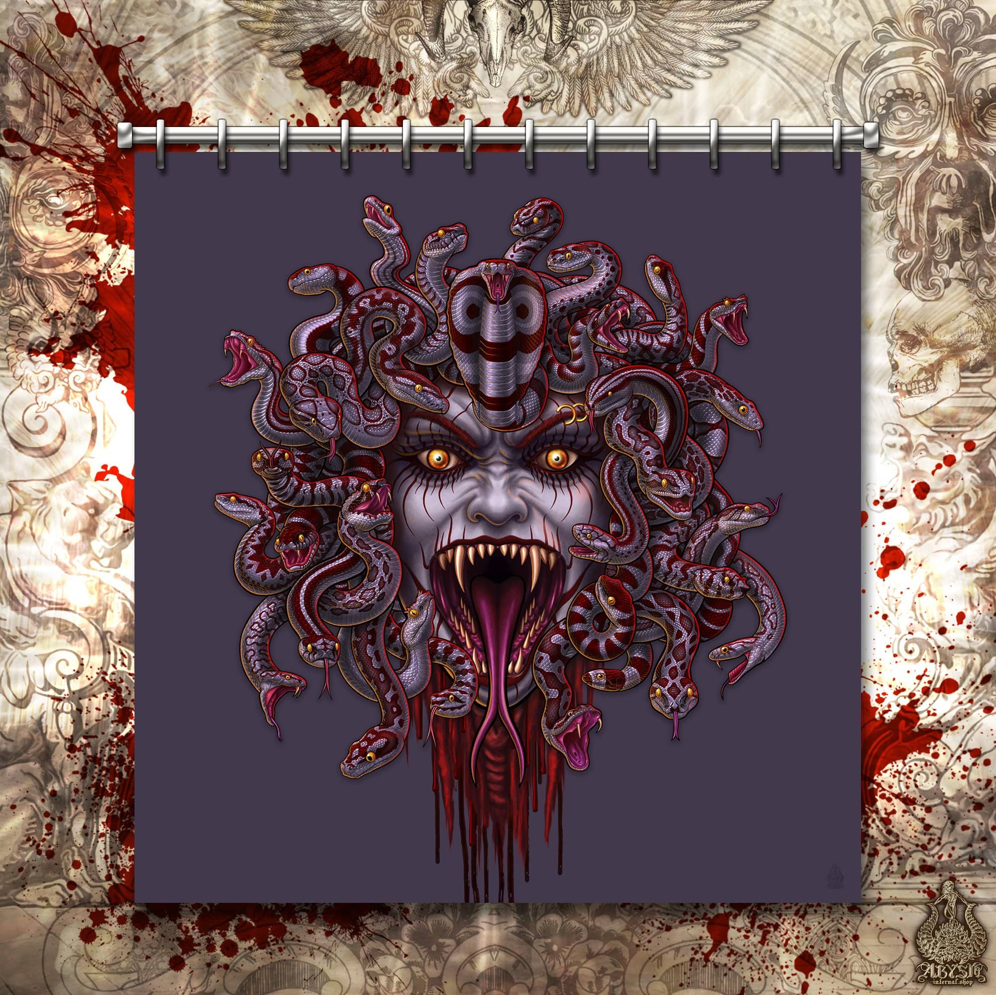 Medusa Shower Curtain, Gothic Bathroom Decor, Bloody Gorgon - Enraged, Ash, Grey & Red Snakes - Abysm Internal