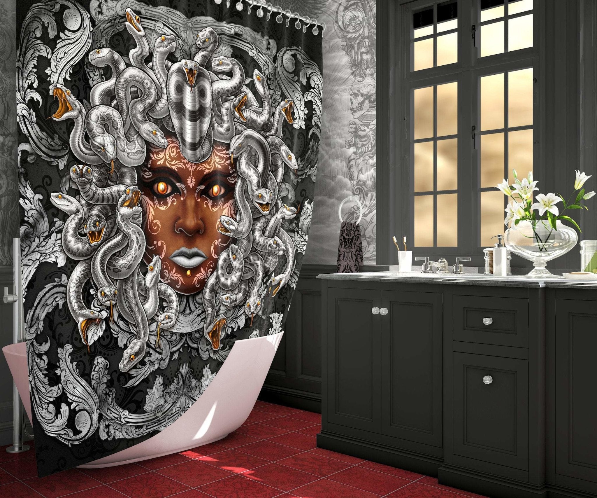 Medusa Shower Curtain, Indie and Alternative Bathroom Decor - Silver Snakes - Abysm Internal
