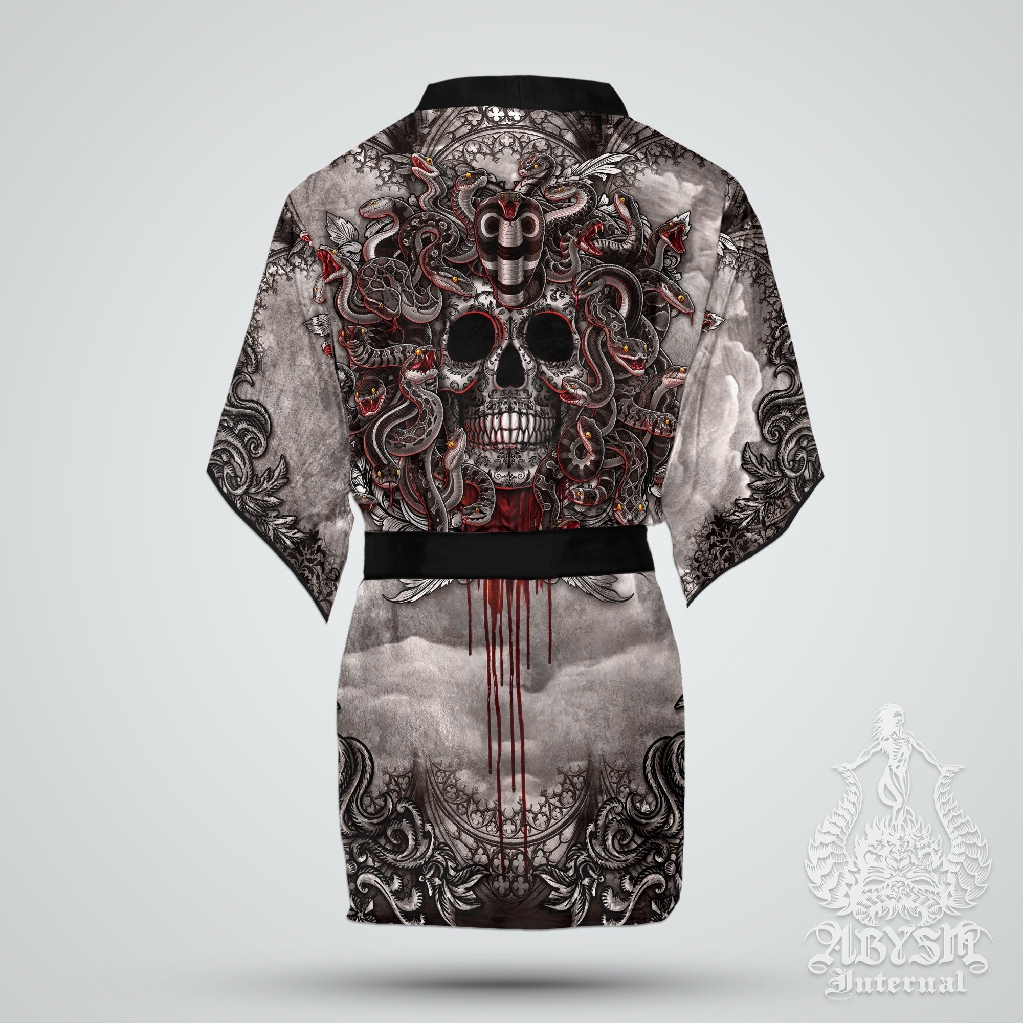 Medusa Skull Cover Up, Beach Outfit, Party Kimono, Summer Festival Robe, Goth Indie and Alternative Clothing, Unisex - Gothic Horror Grey - Abysm Internal