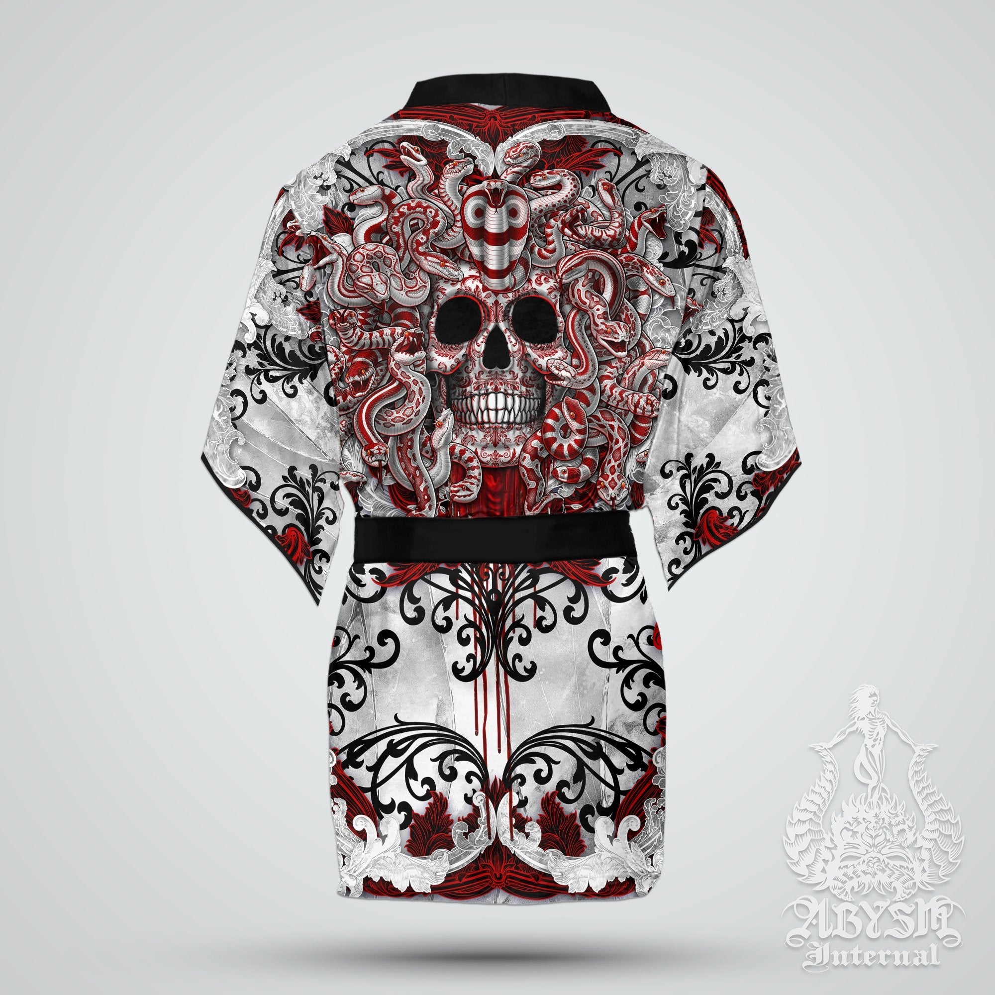 Medusa Skull Cover Up, Beach Outfit, Party Kimono, Summer Festival Robe, Indie and Alternative Clothing, Unisex - Bloody White Goth - Abysm Internal