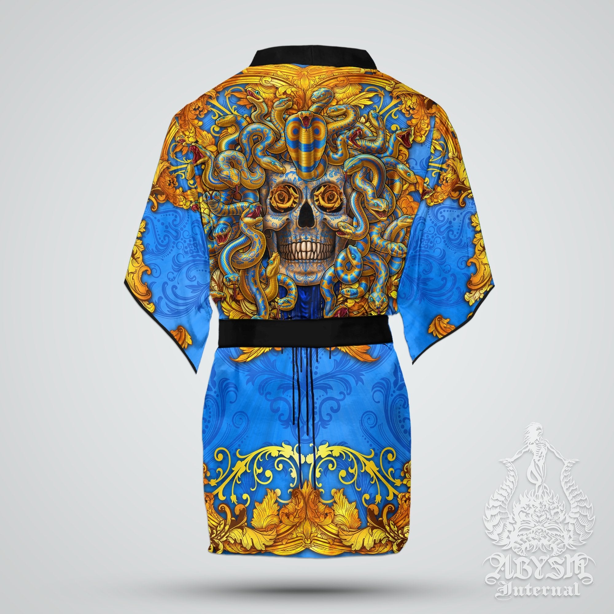 Medusa Skull Cover Up, Beach Outfit, Party Kimono, Summer Festival Robe, Indie and Alternative Clothing, Unisex - Cyan Gold - Abysm Internal