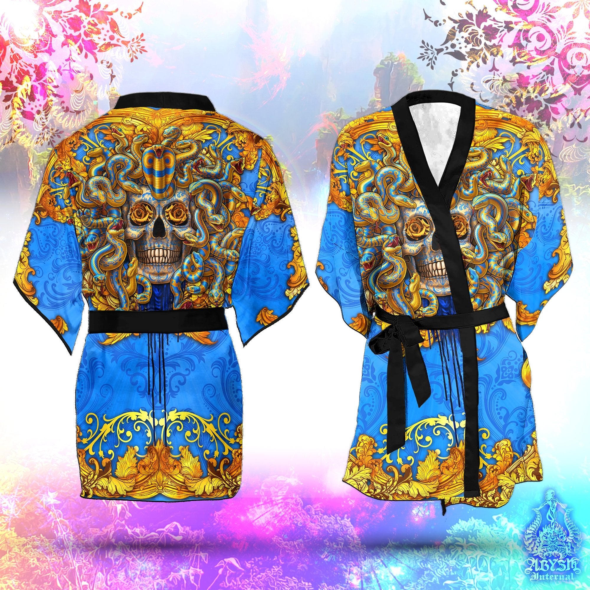 Medusa Skull Cover Up, Beach Outfit, Party Kimono, Summer Festival Robe, Indie and Alternative Clothing, Unisex - Cyan Gold - Abysm Internal