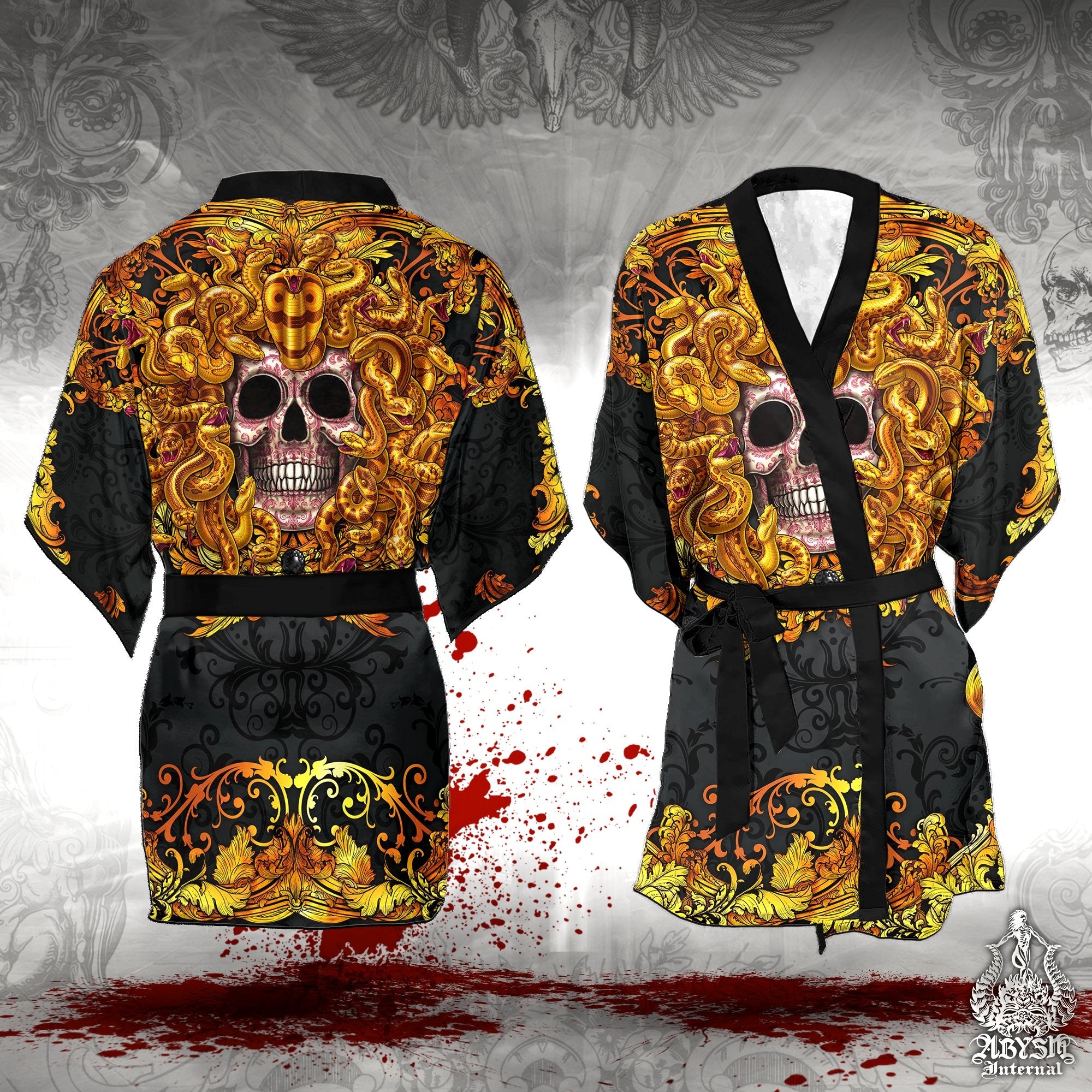 Medusa Skull Cover Up, Beach Outfit, Party Kimono, Summer Festival Robe, Indie and Alternative Clothing, Unisex - Gold - Abysm Internal