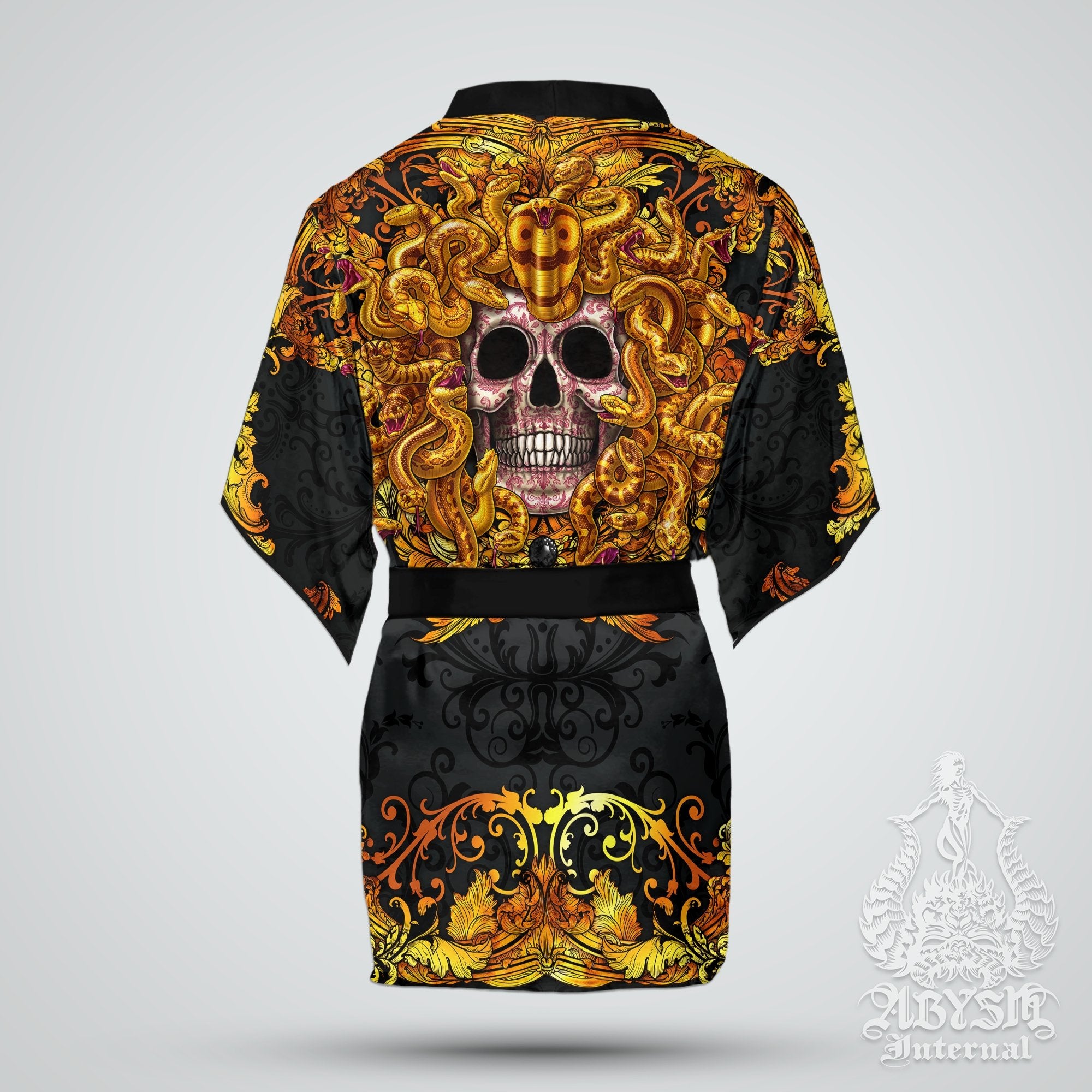 Medusa Skull Cover Up, Beach Outfit, Party Kimono, Summer Festival Robe, Indie and Alternative Clothing, Unisex - Gold - Abysm Internal