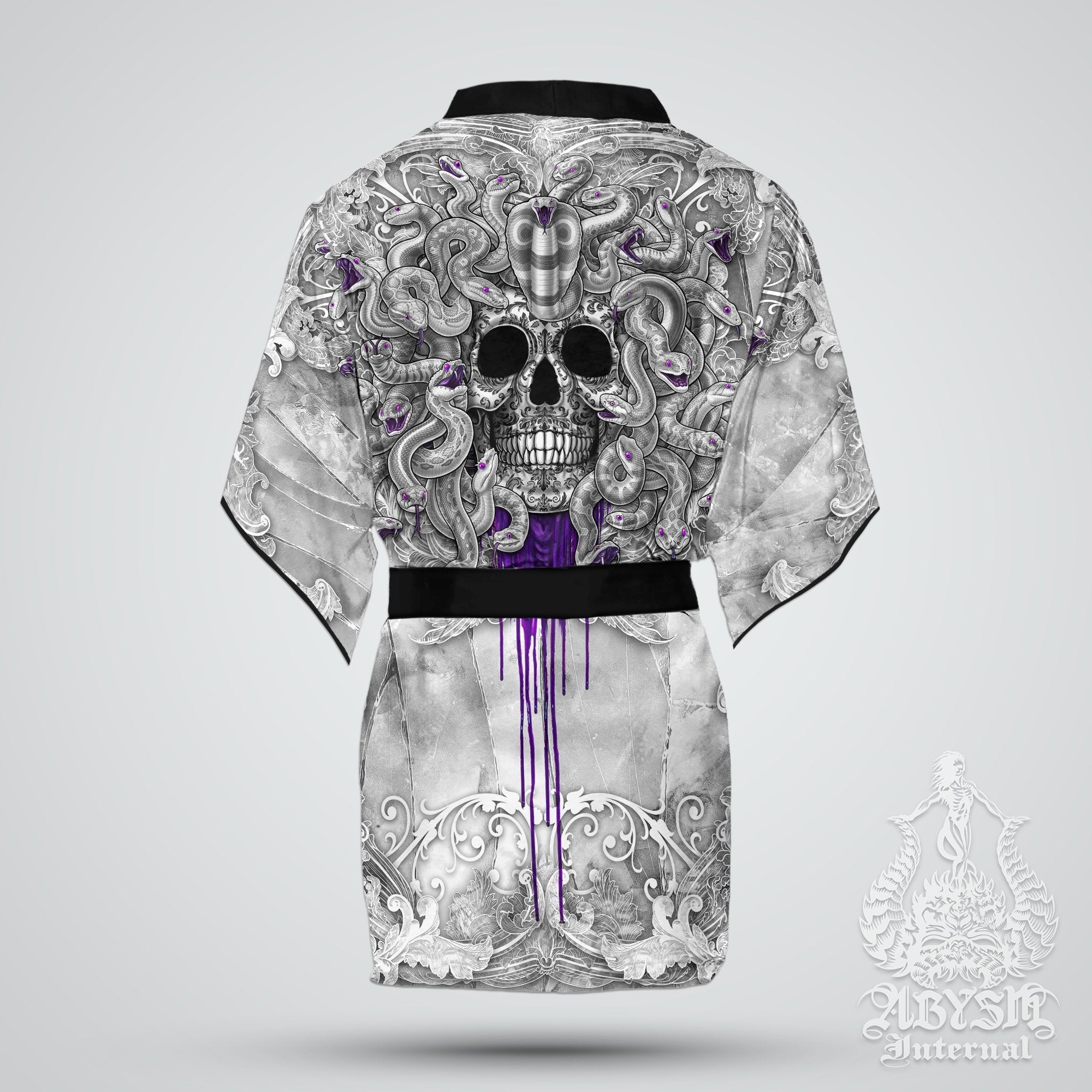Medusa Skull Cover Up, Beach Outfit, Party Kimono, Summer Festival Robe, Indie and Alternative Clothing, Unisex - White Goth Purple - Abysm Internal