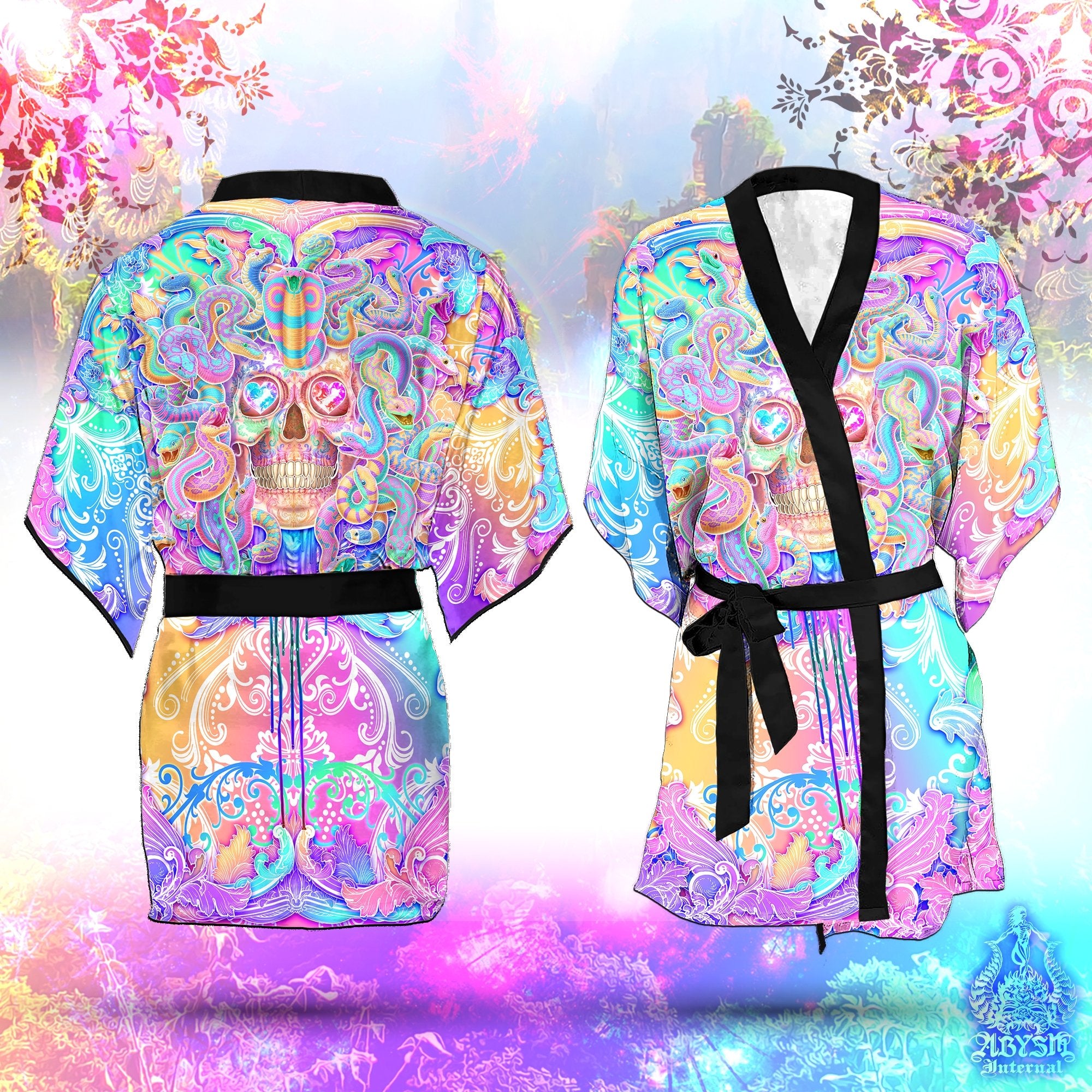 Medusa Skull Cover Up, Beach Rave Outfit, Party Kimono, Summer Festival Robe, Aesthetic Indie and Alternative Clothing, Unisex - Holographic Pastel - Abysm Internal