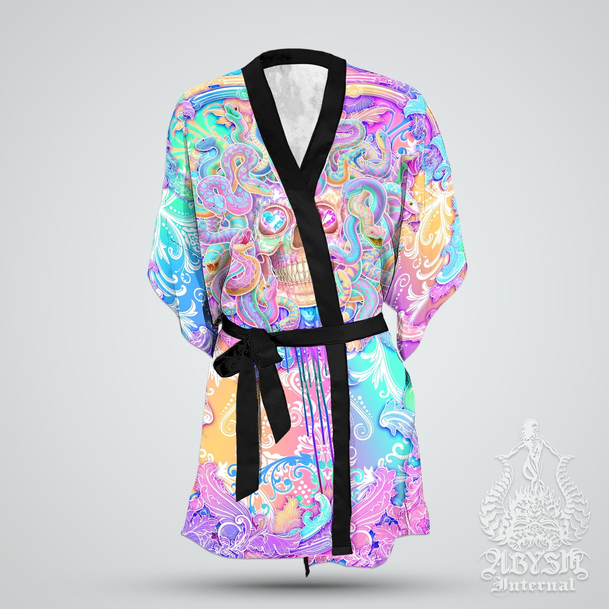 Medusa Skull Cover Up, Beach Rave Outfit, Party Kimono, Summer Festival Robe, Aesthetic Indie and Alternative Clothing, Unisex - Holographic Pastel - Abysm Internal