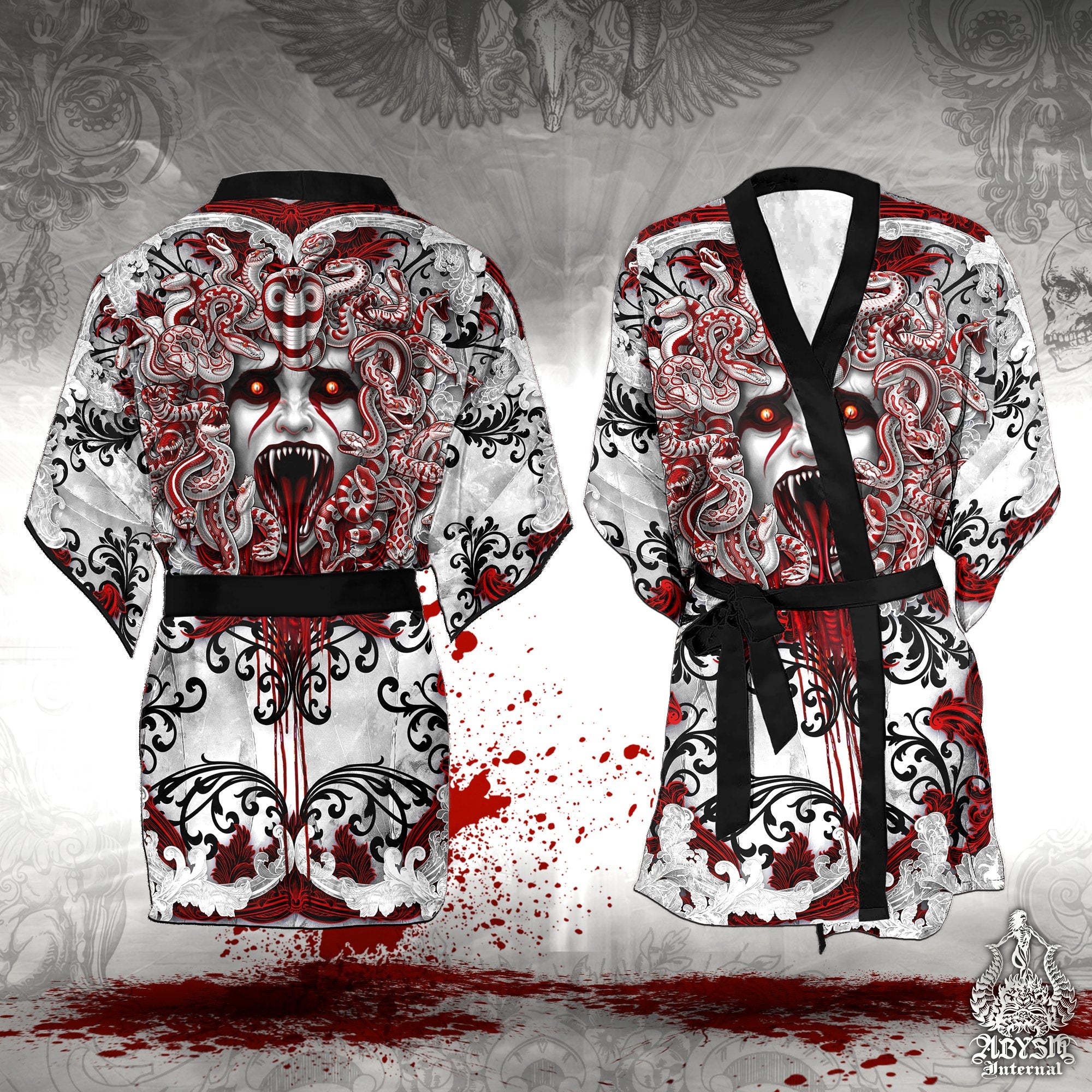 Medusa Skull Short Kimono Robe, Beach Party Outfit, Coverup, Summer Festival, Gothic and Alternative Clothing, Unisex - Bloody White Goth, 2 Faces - Abysm Internal