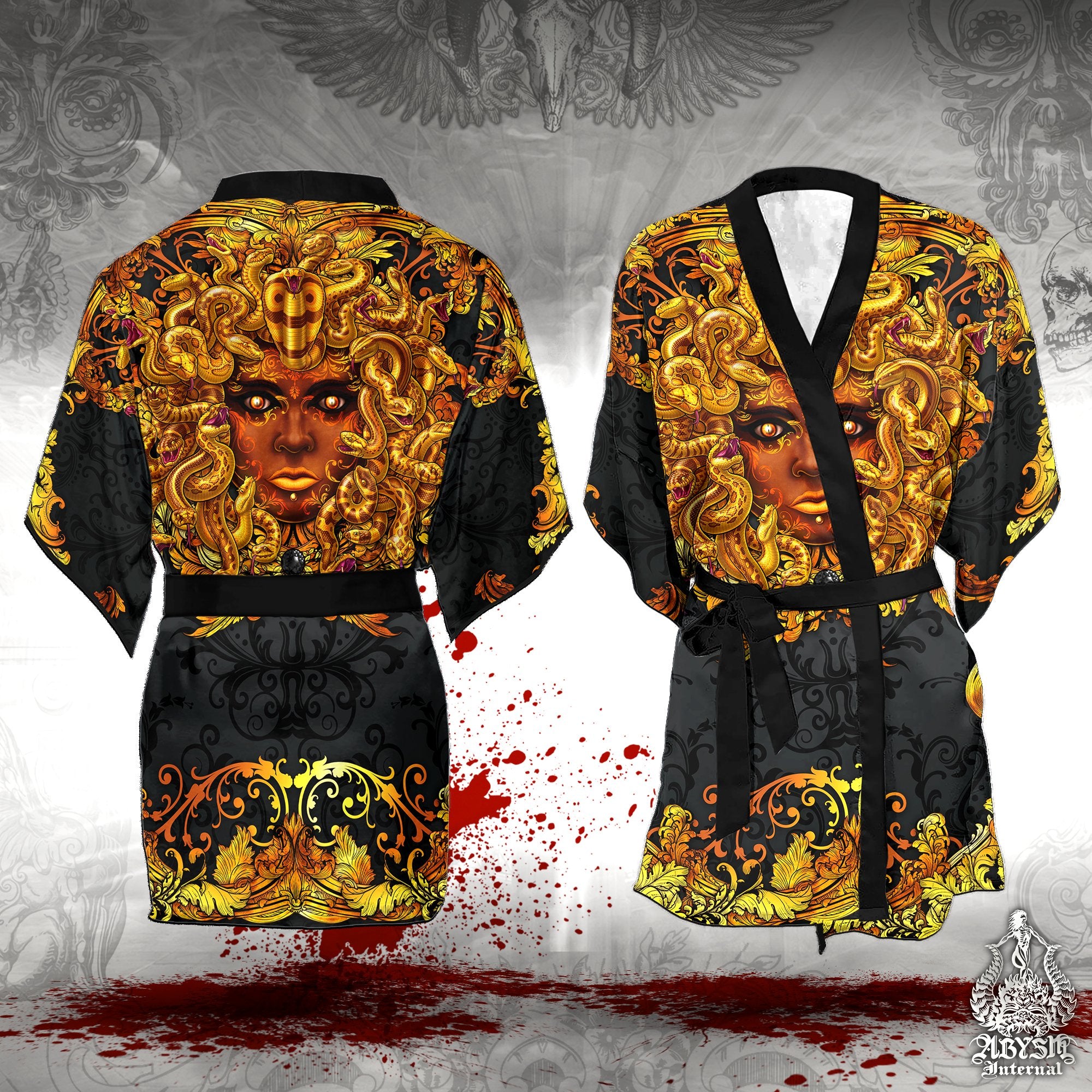 Medusa Skull Short Kimono Robe, Beach Party Outfit, Coverup, Summer Festival, Indie and Alternative Clothing, Unisex - Gold, 2 Faces - Abysm Internal