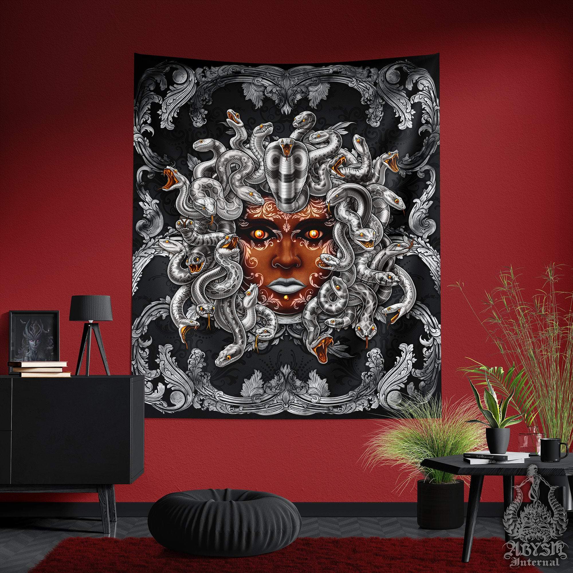 Medusa Tapestry, Baroque Wall Hanging, Goth Home Decor, Art Print - Silver Snakes - Abysm Internal