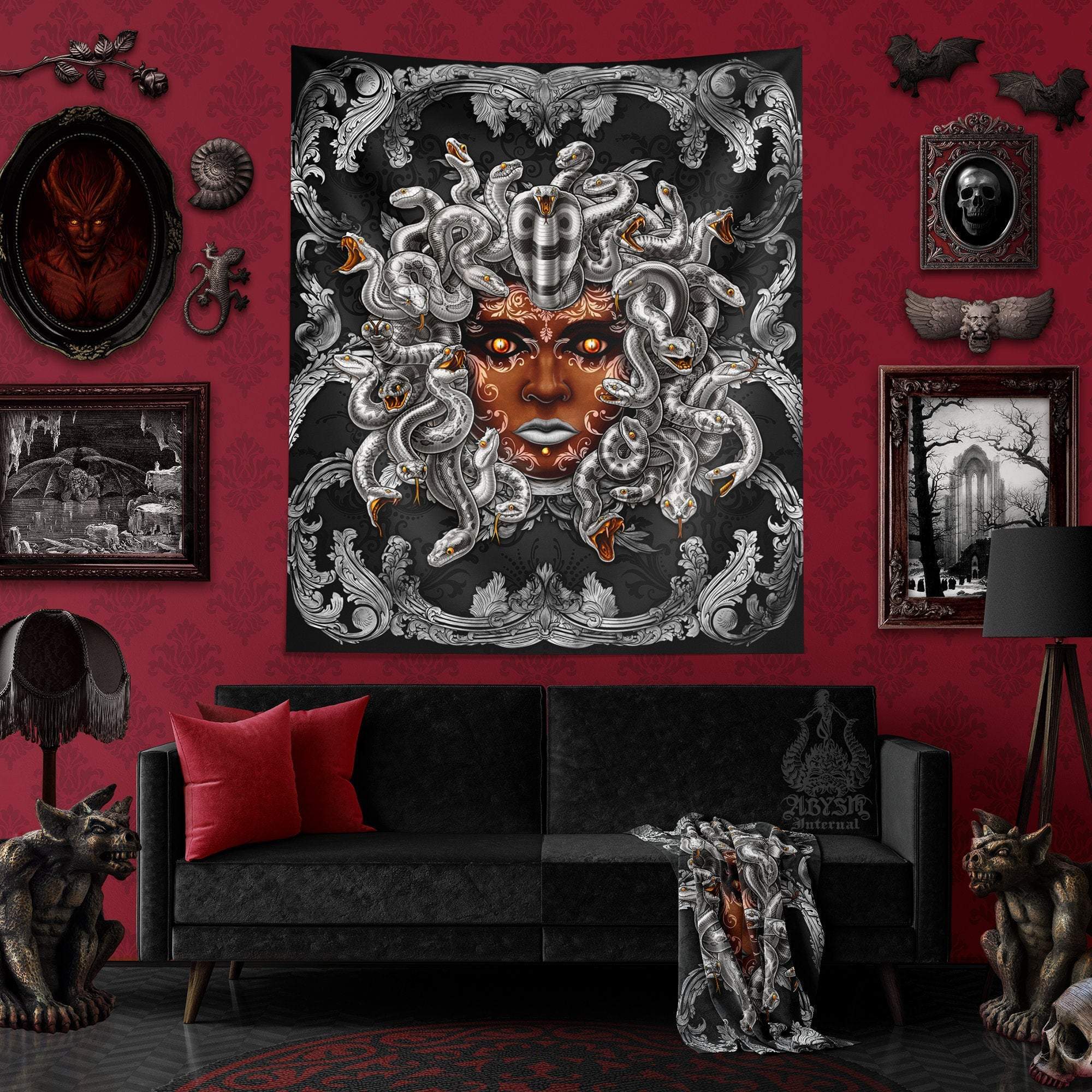 Medusa Tapestry, Baroque Wall Hanging, Goth Home Decor, Art Print - Silver Snakes - Abysm Internal