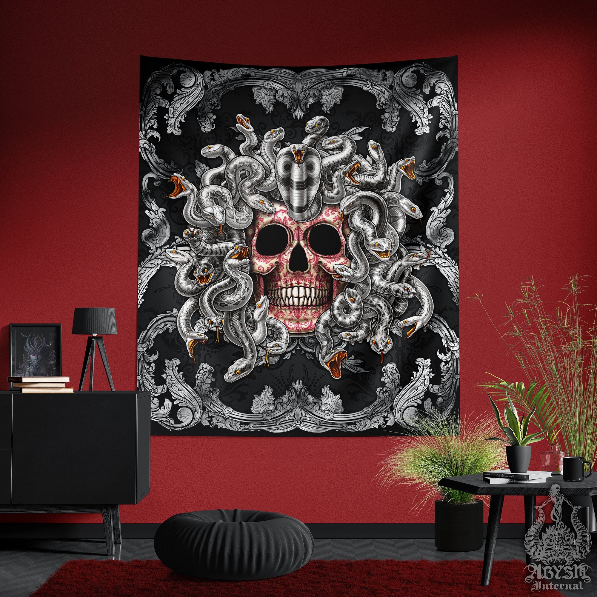 Medusa Tapestry, Baroque Wall Hanging, Goth Home Decor, Vertical Art Print - Silver Skull, 2 Faces - Abysm Internal