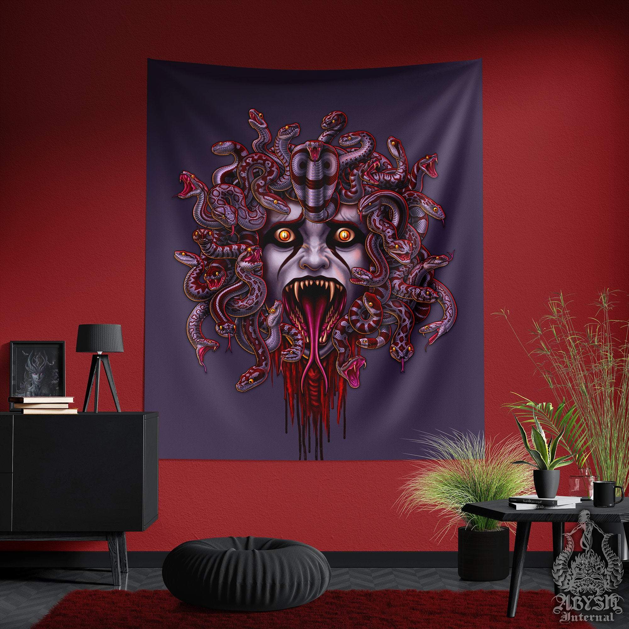 Medusa Tapestry, Goth Wall Hanging, Fantasy Home Decor, Art Print - Bloody Ash, Grey Snakes, 3 Faces - Abysm Internal