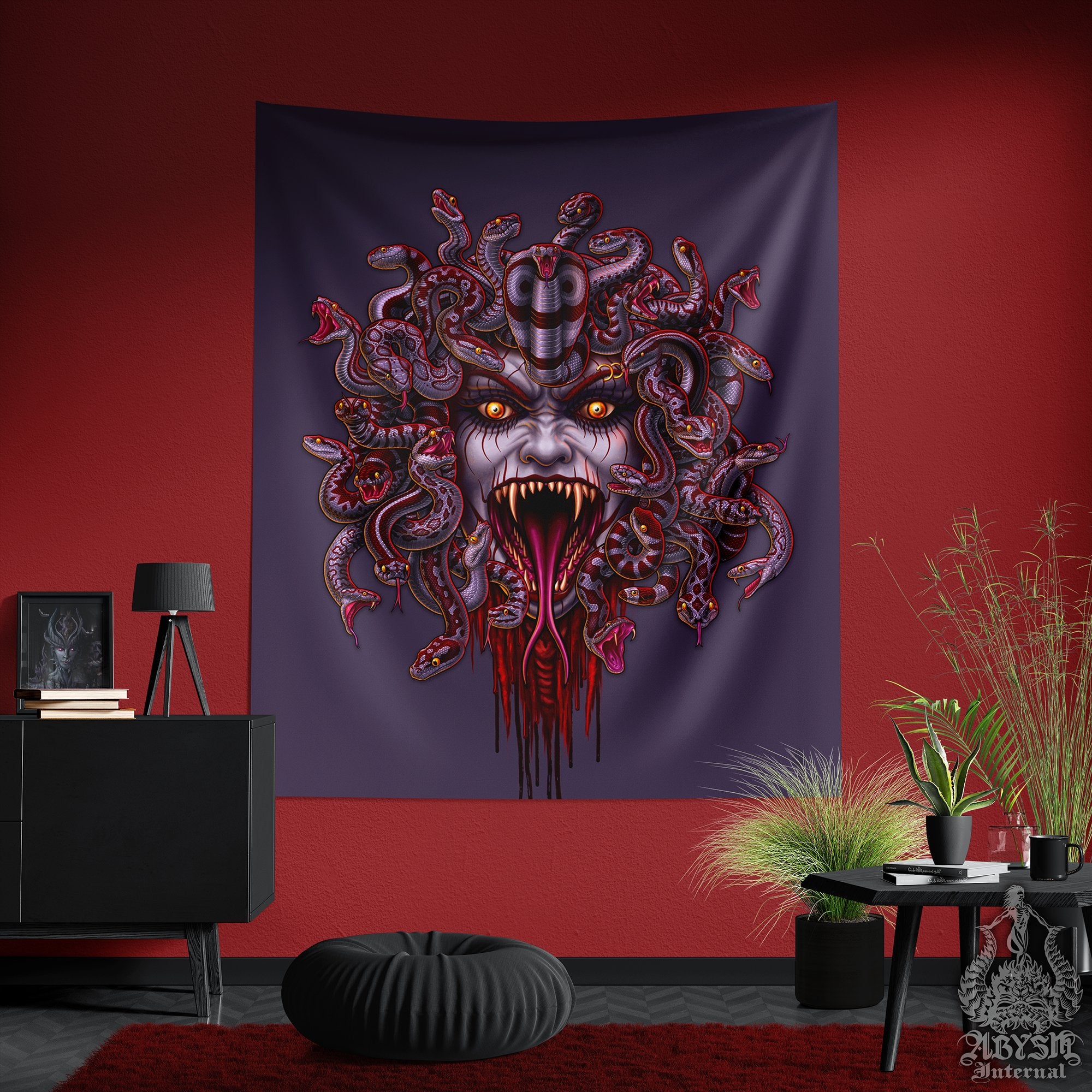Medusa Tapestry, Goth Wall Hanging, Fantasy Home Decor, Vertical Art Print - Bloody Ash, Grey Snakes, 3 Faces - Abysm Internal
