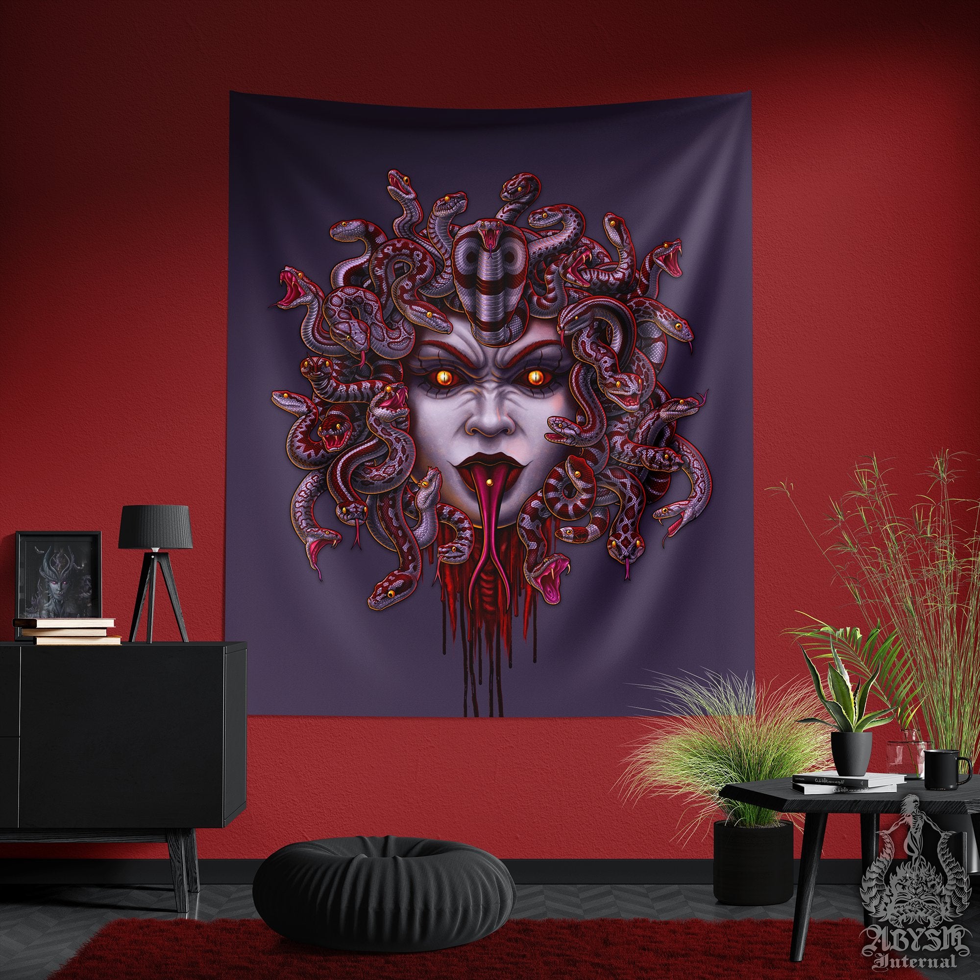 Medusa Tapestry, Goth Wall Hanging, Fantasy Home Decor, Vertical Art Print - Bloody Ash, Grey Snakes, 3 Faces - Abysm Internal