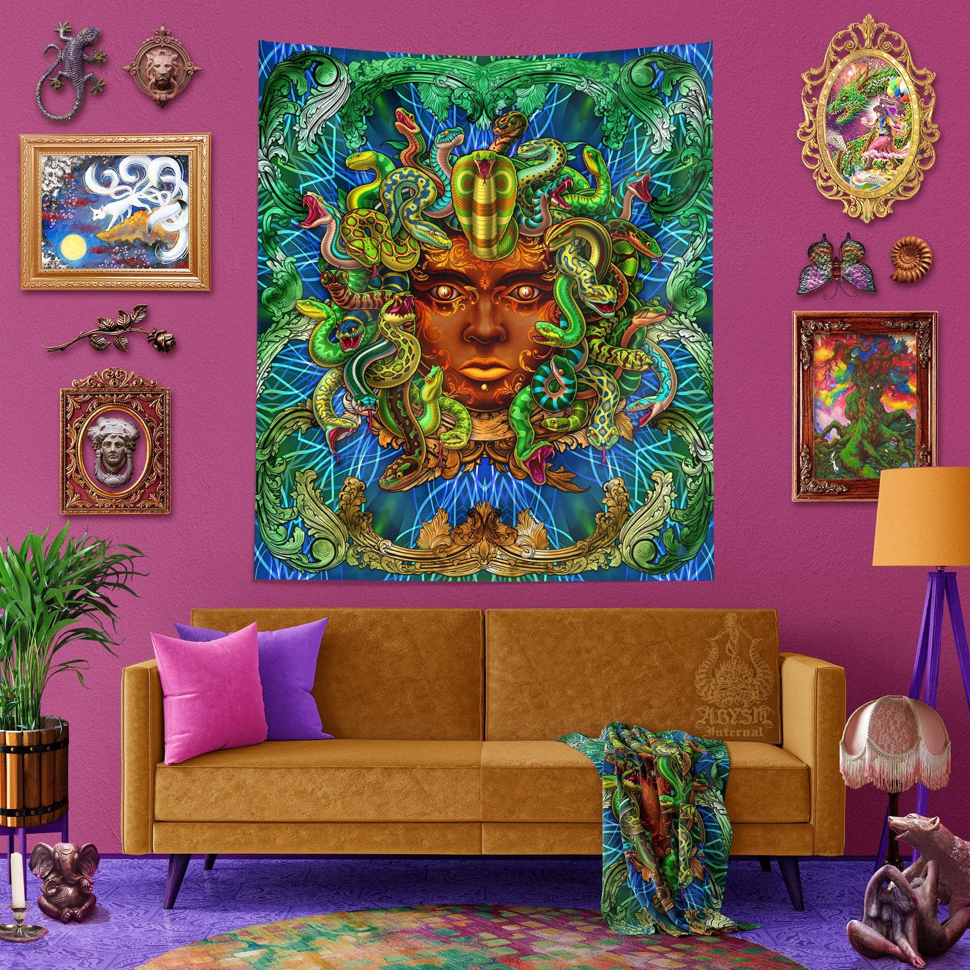 Medusa Tapestry, Nature Wall Hanging, Eclectic Home Decor, Art Print, Eclectic and Funky - Green Snakes - Abysm Internal