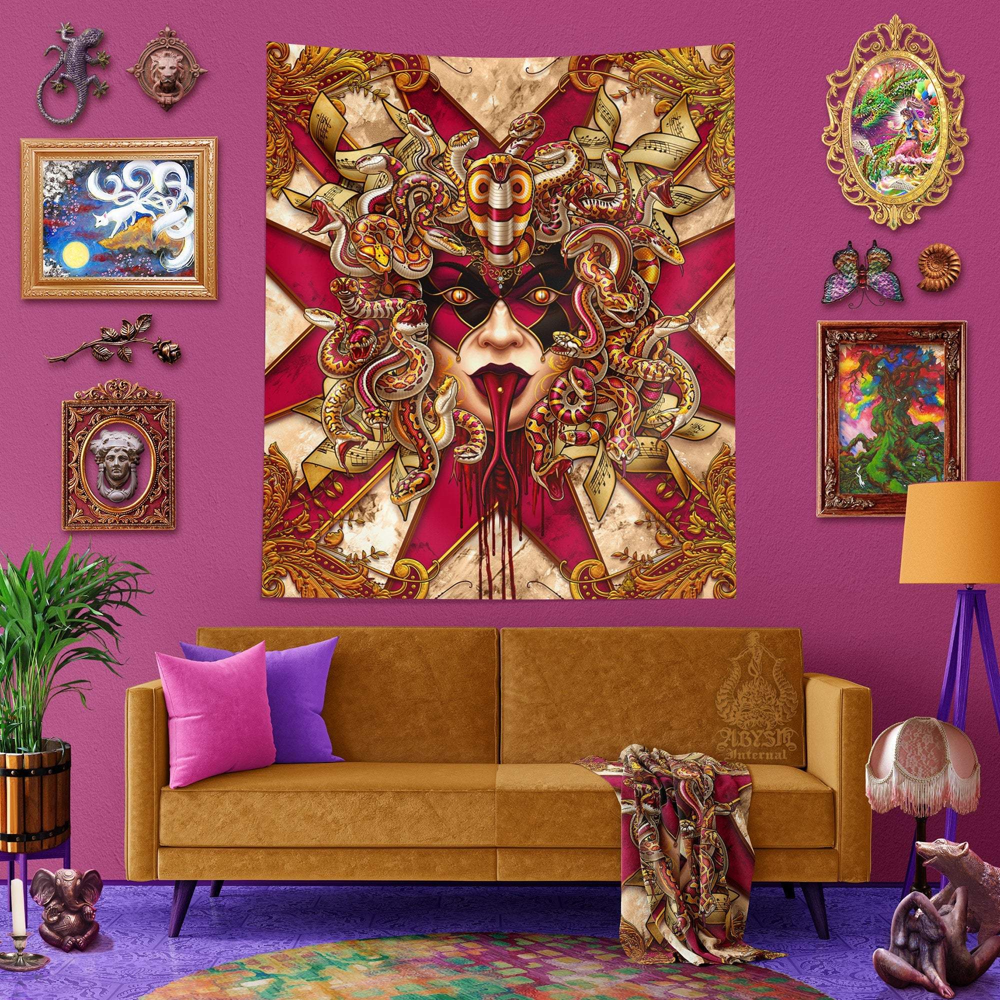 Medusa Tapestry, Venice Carnival Wall Hanging, Eclectic Home Decor, Art Print - Pink Harlequin & Gold Snakes, 3 Faces - Abysm Internal