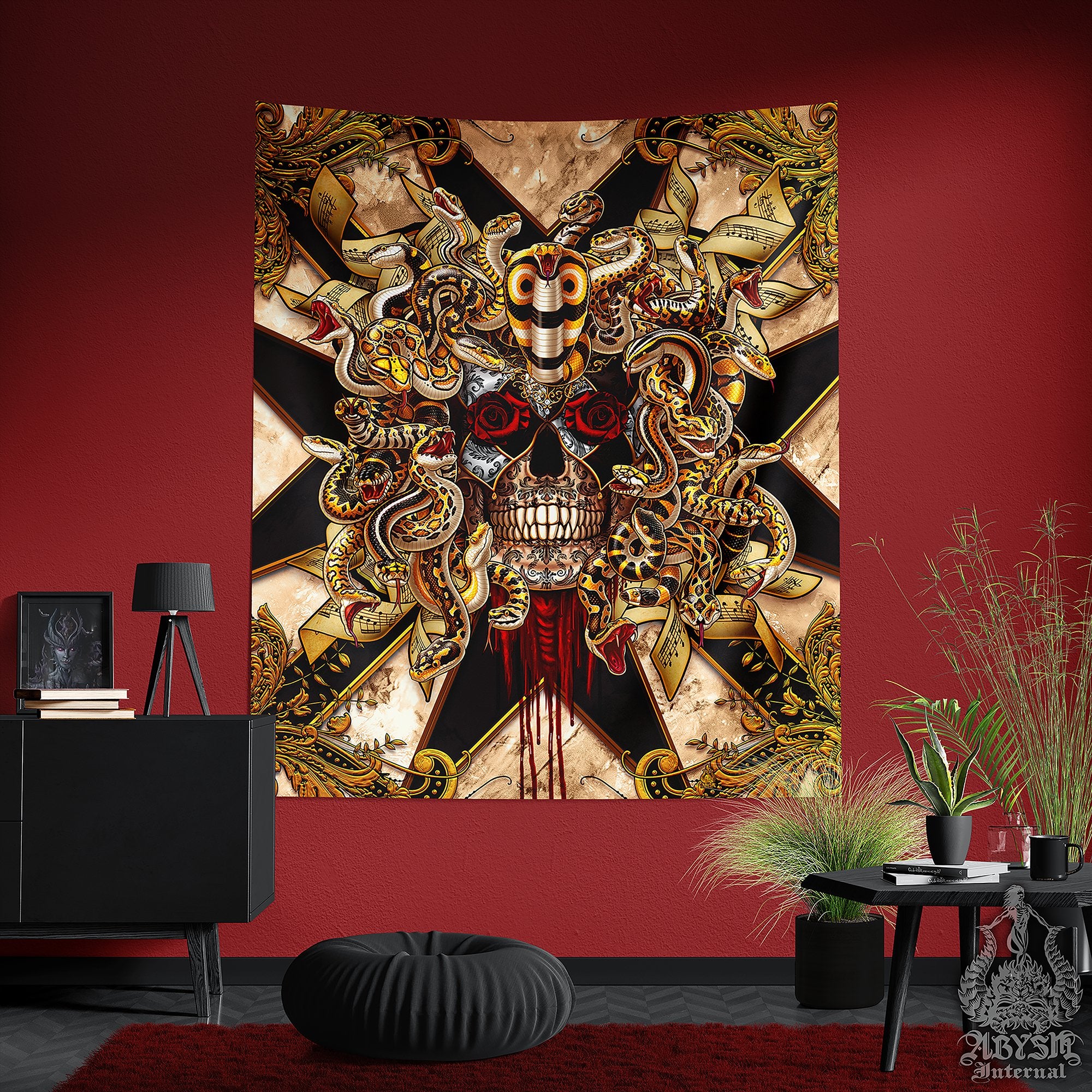 Medusa Tapestry, Venice Carnival Wall Hanging, Eclectic Home Decor, Vertical Art Print - Pink Harlequin & Gold Snakes, 4 Faces, 7 Colors - Abysm Internal