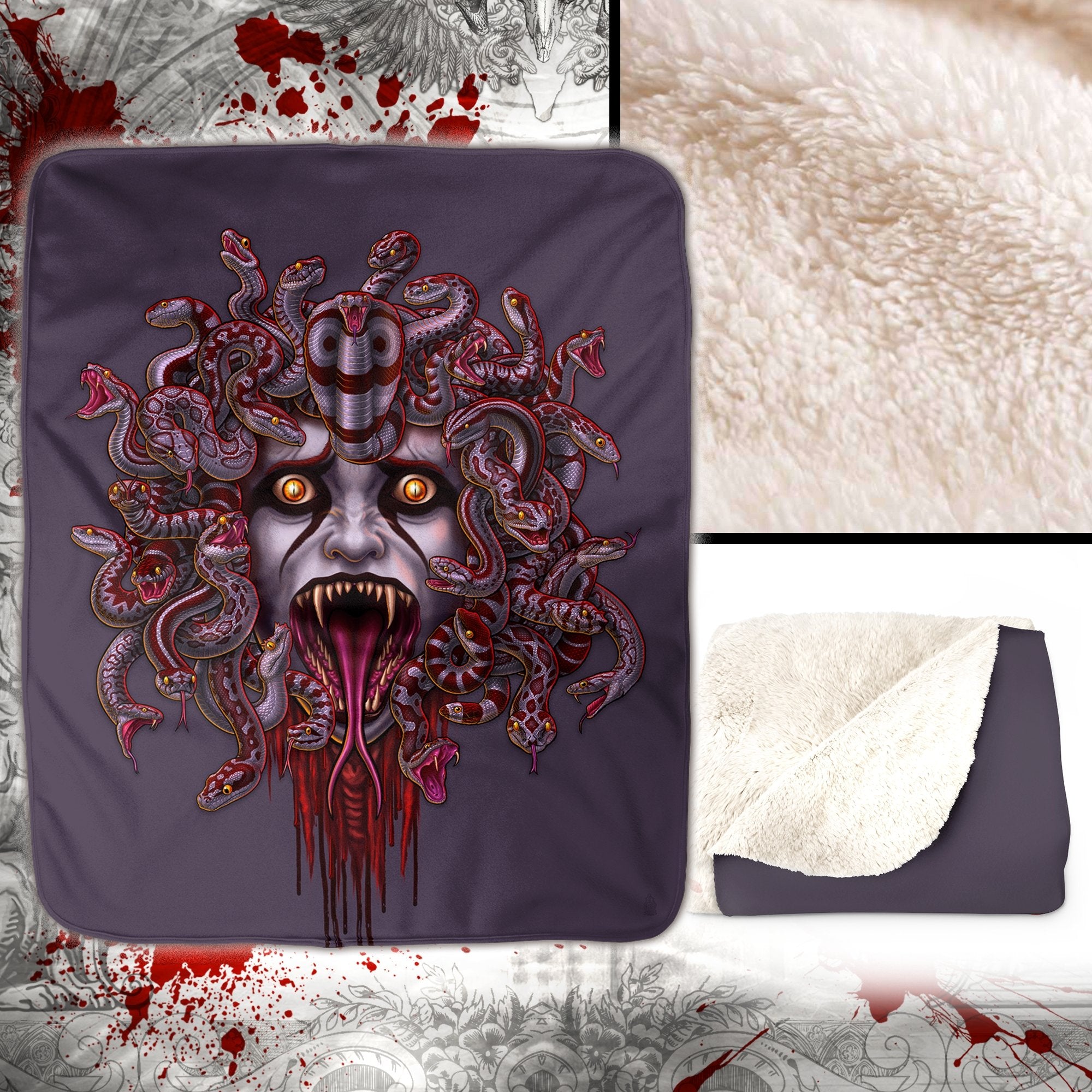 Medusa Throw Fleece Blanket, Alternative Horror Decor, Goth Art, Alternative Art Gift - Screaming, Blood Ash - Abysm Internal