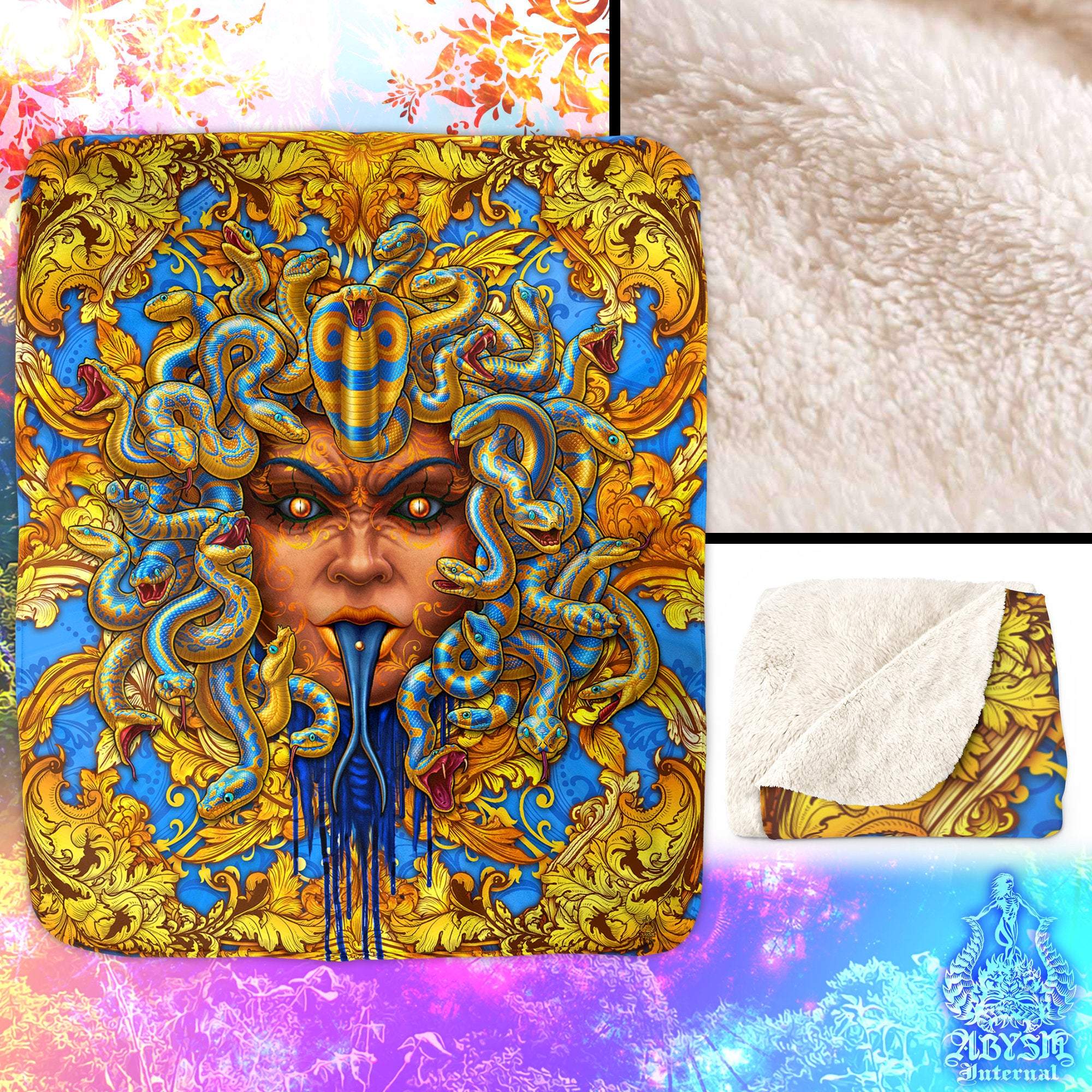 Medusa Throw Fleece Blanket, Eclectic Decor, Eclectic and Funky Gift - Cyan & Gold Snakes - Abysm Internal