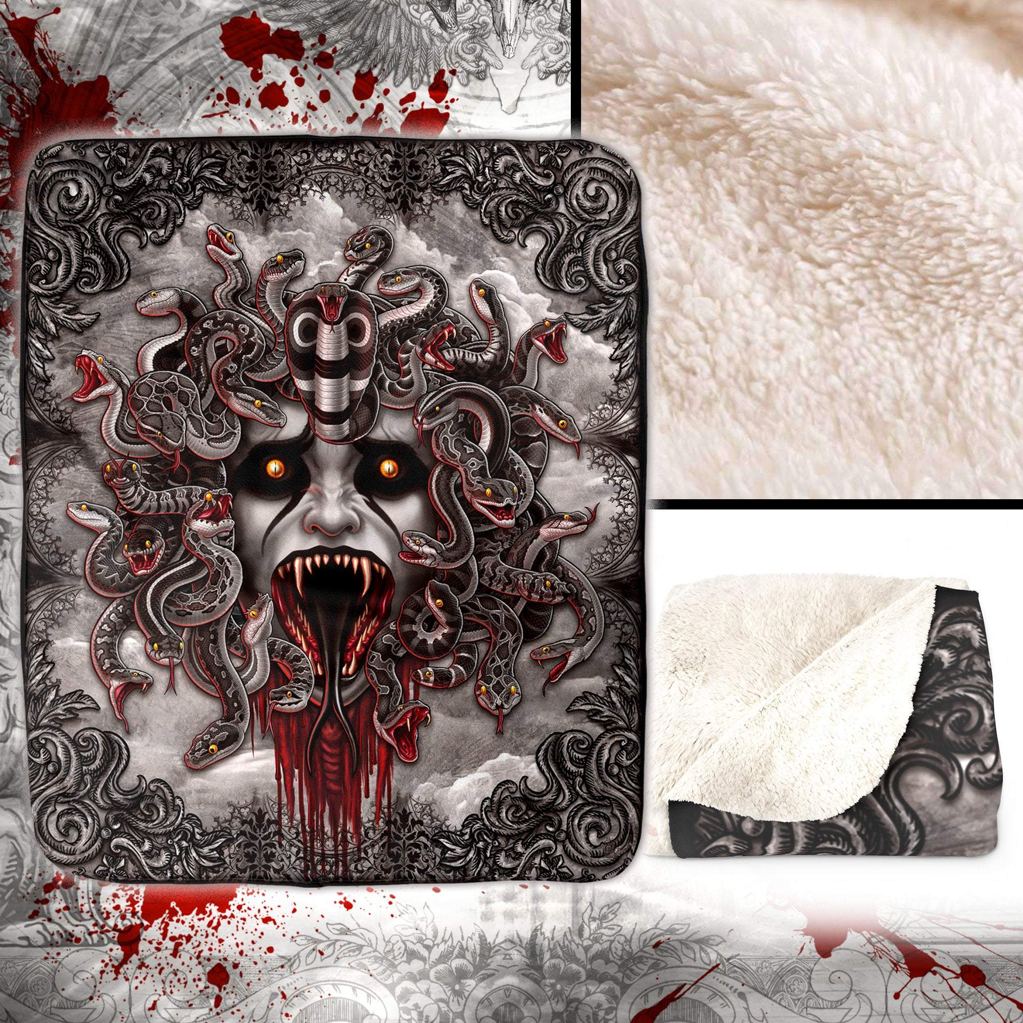 Medusa Throw Fleece Blanket, Gothic Home Decor, Alternative Art Gift - Screaming, Grey Snakes - Abysm Internal