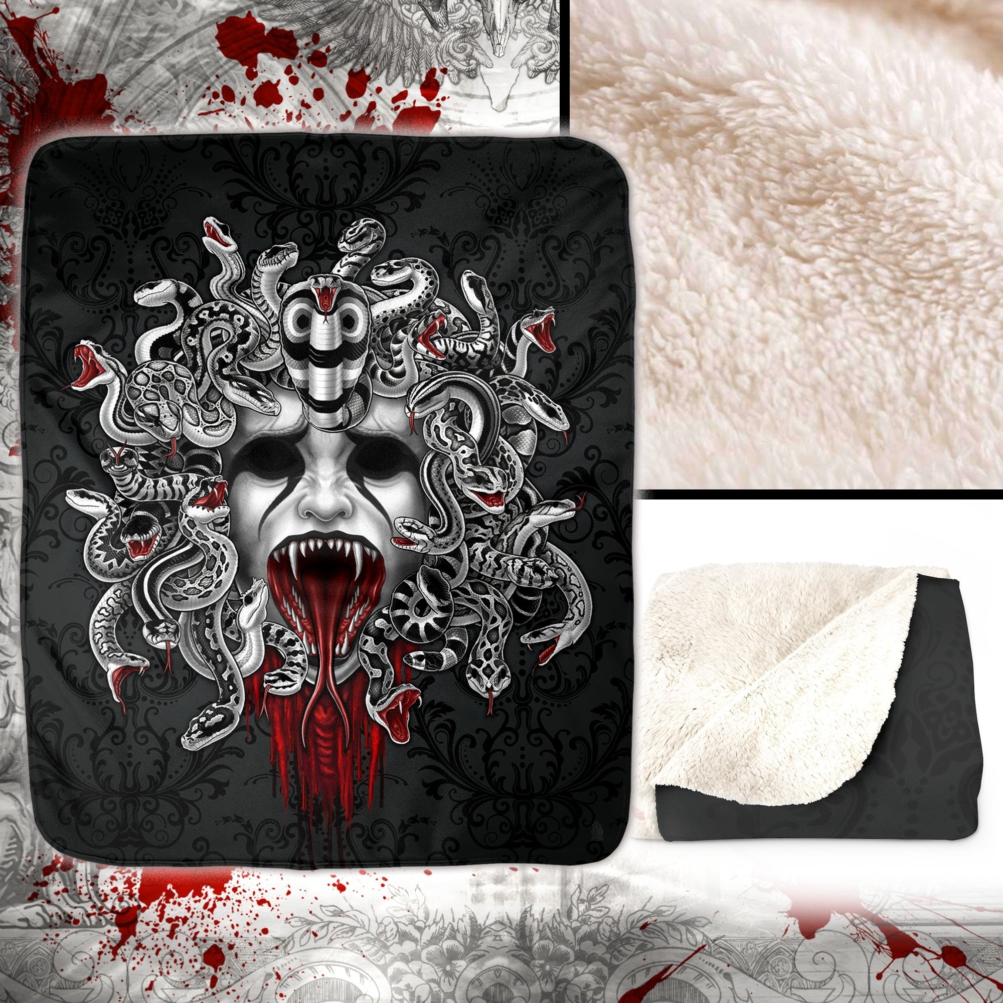 Medusa Throw Fleece Blanket, Nu Goth Home Decor, Alternative Art Gift - Black and White Snakes - Abysm Internal