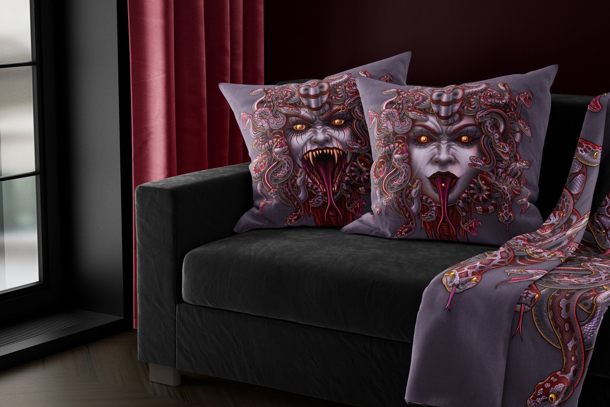 Medusa Throw Pillow, Decorative Accent Cushion, Gamer Room Decor, Goth Horror Art, Alternative Home - Grey Snakes, Bloody Ash, Scream - Abysm Internal