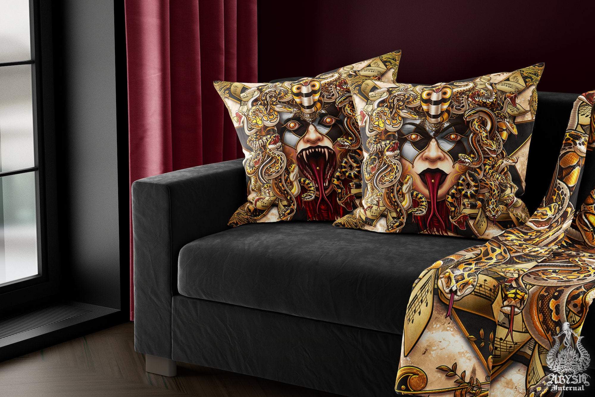 Medusa Throw Pillow, Decorative Accent Cushion, Gamer Room Decor, Gothic Art, Alternative Home - Harlequin, Black & Gold Snakes - Abysm Internal