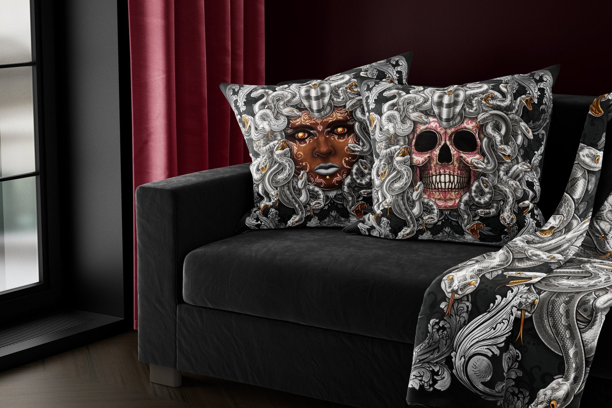 Medusa Throw Pillow, Decorative Accent Cushion, Victorian Goth, Gamer Room Decor, Fantasy Art, Alternative Home - Silver Snakes - Abysm Internal