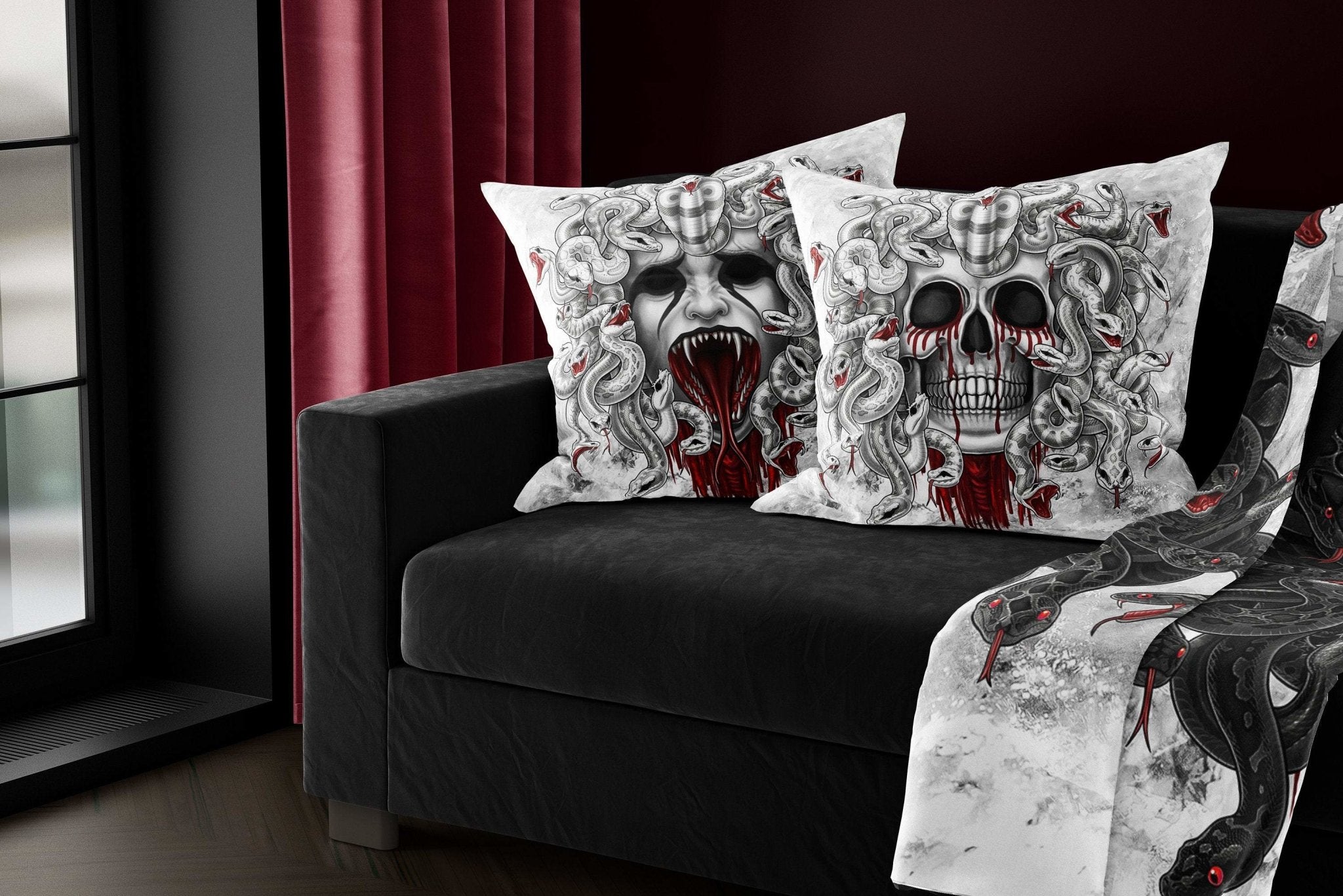 Medusa Throw Pillow, Decorative Accent Cushion, White Goth Room Decor, Horror Art, Alternative Home - White Snakes - Abysm Internal