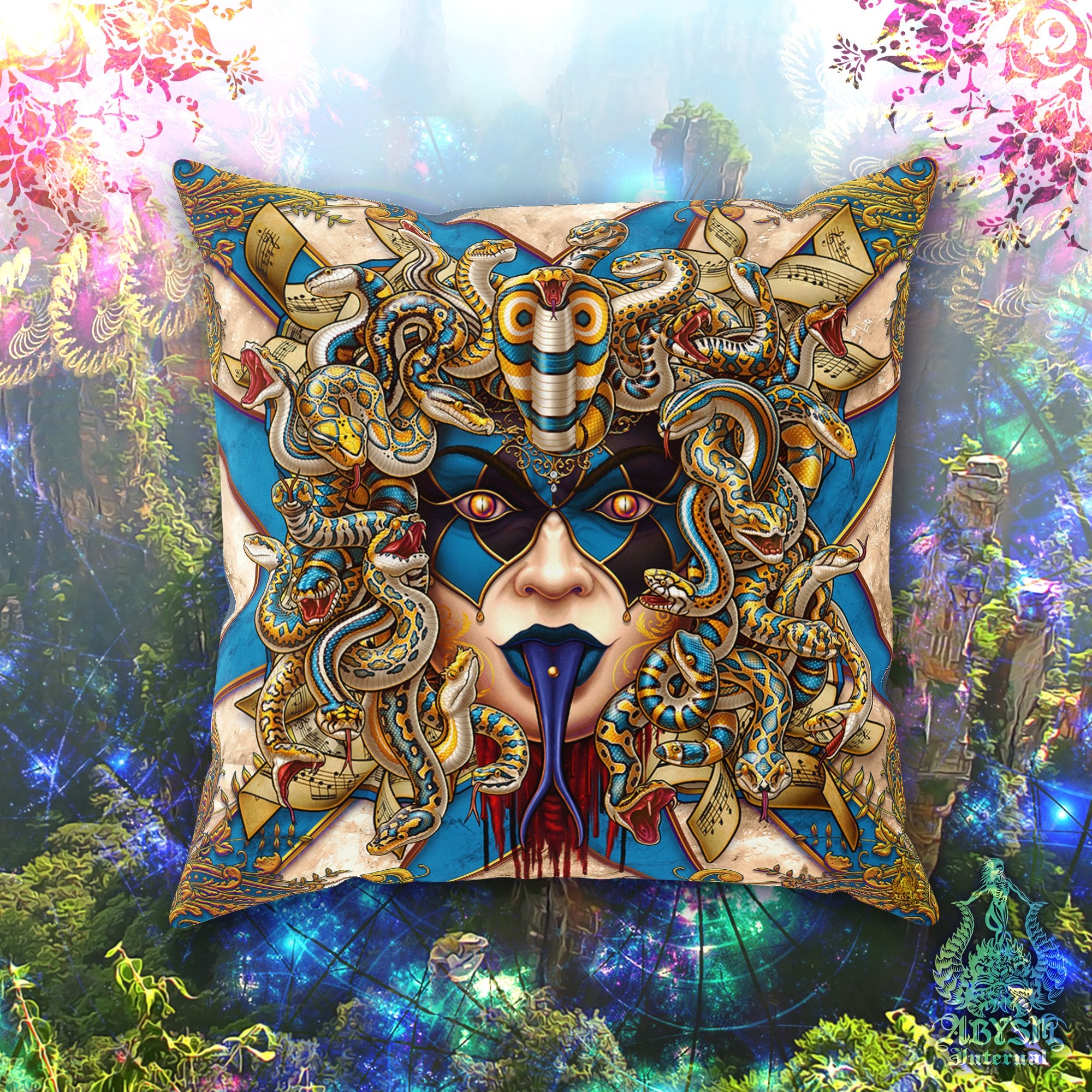 Medusa Throw Pillow, Decorative Accent Pillow, Square Cushion Cover, Gamer Room Decor, Ecclectic Home - Harlequin, 4 Faces, 7 Colors - Abysm Internal