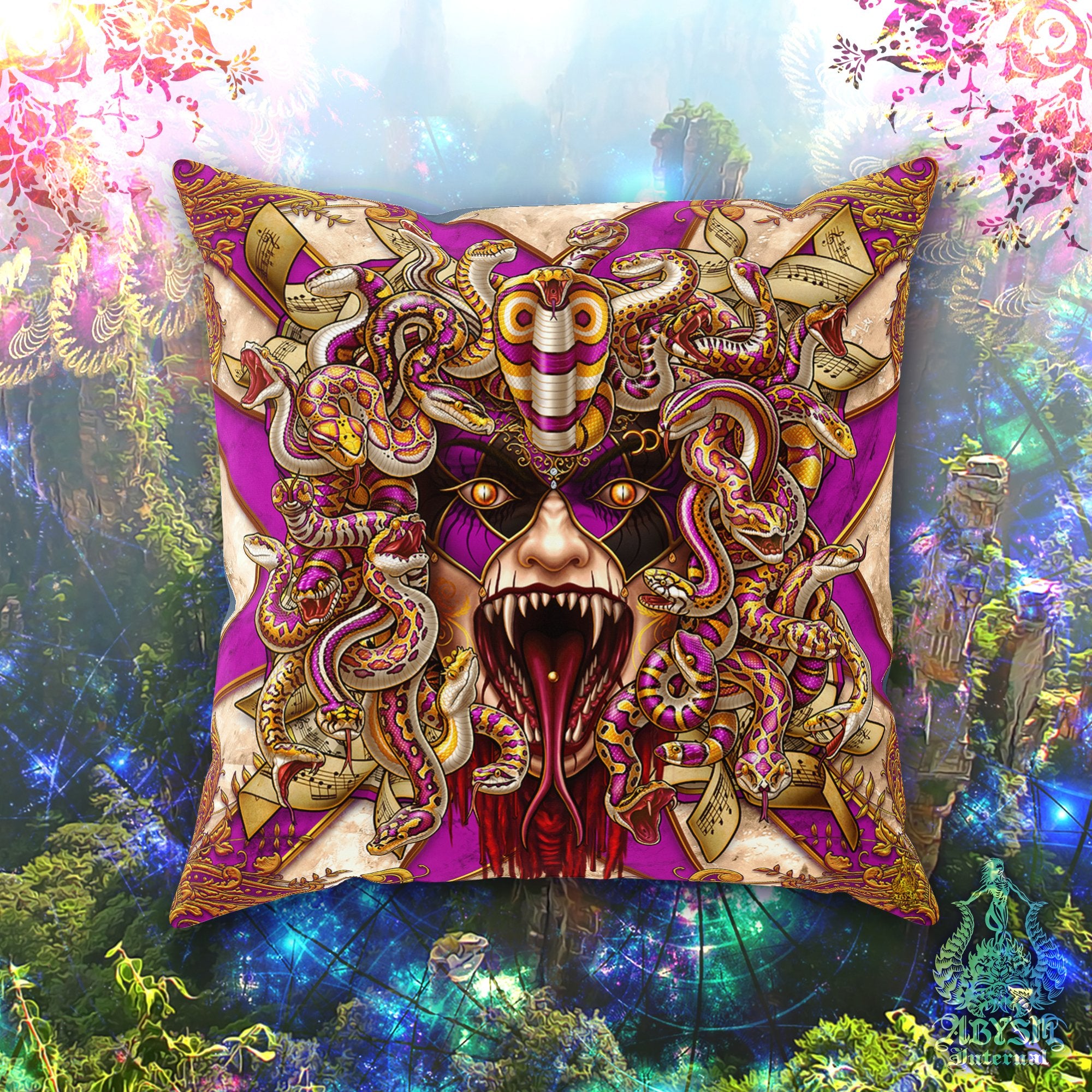 Medusa Throw Pillow, Decorative Accent Pillow, Square Cushion Cover, Gamer Room Decor, Ecclectic Home - Harlequin, 4 Faces, 7 Colors - Abysm Internal