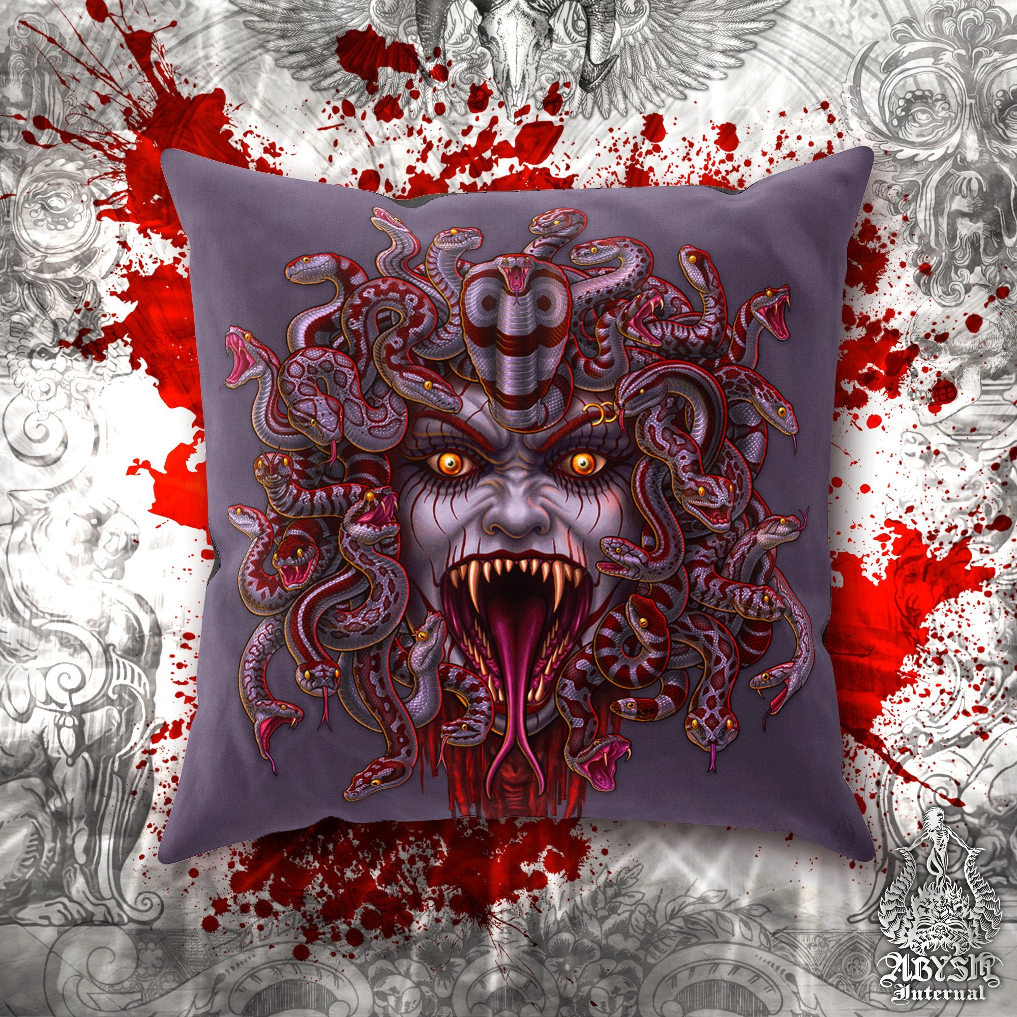 Medusa Throw Pillow, Decorative Accent Pillow, Square Cushion Cover, Gamer Room Decor, Goth Snakes Art, Alternative Home - Grey, Bloody Ash, 3 Faces - Abysm Internal