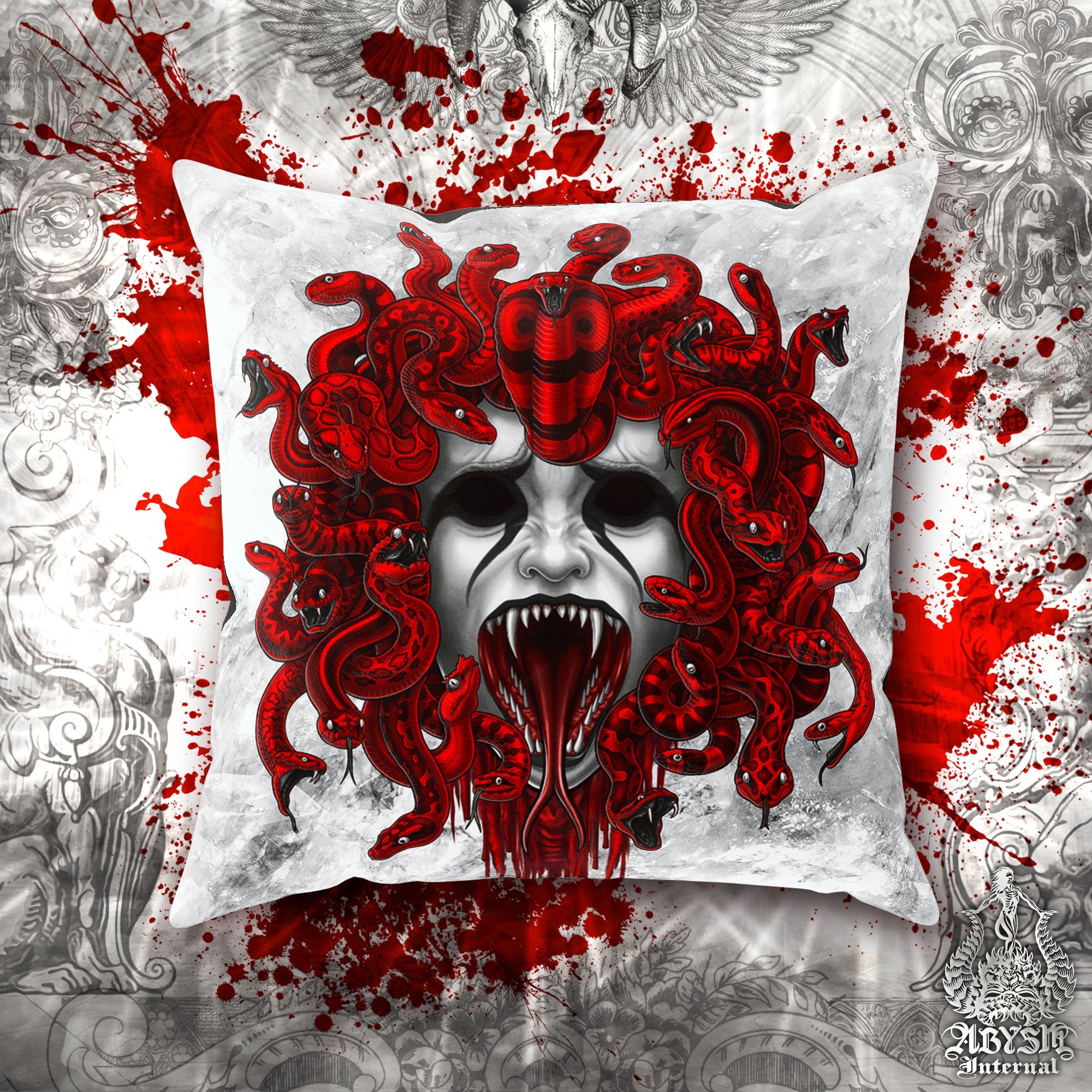 Medusa Throw Pillow, Decorative Accent Pillow, Square Cushion Cover, Skull Art, White Goth Room Decor, Horror Art, Alternative Home - 2 Faces, 3 Colors - Abysm Internal