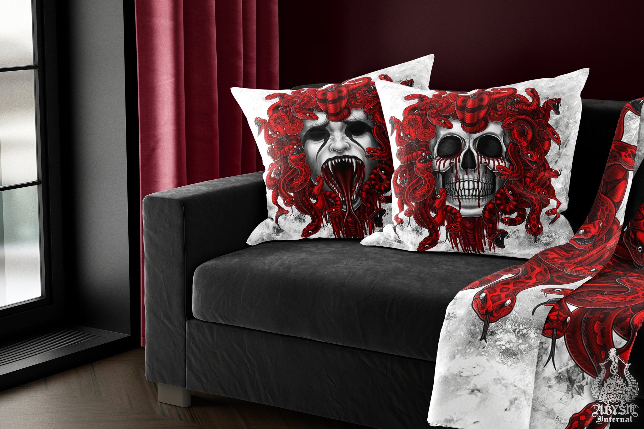 Medusa Throw Pillow, Decorative Accent Pillow, Square Cushion Cover, Skull Art, White Goth Room Decor, Horror Art, Alternative Home - 2 Faces, 3 Colors - Abysm Internal