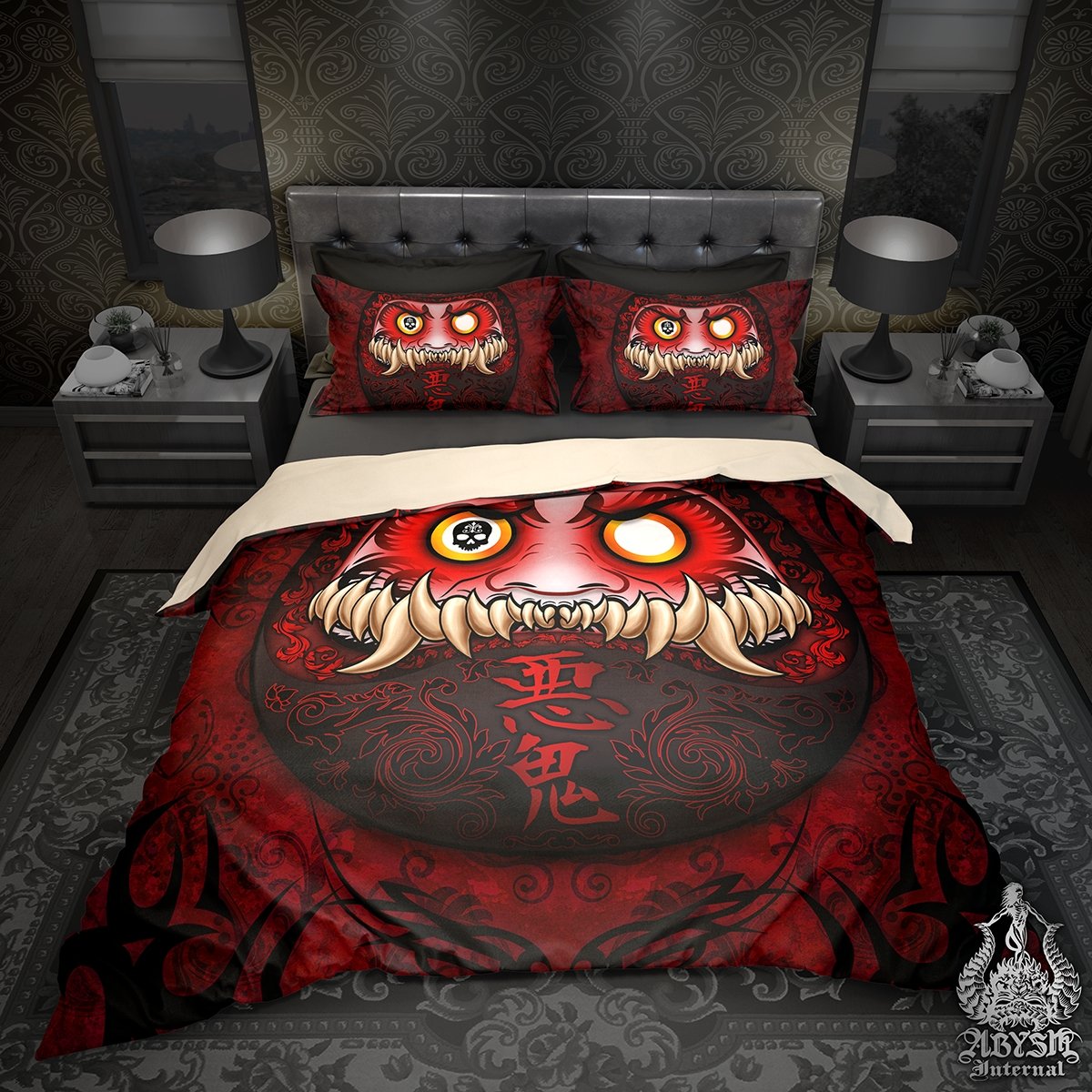 Monster Daruma Bedding Set, Comforter and Duvet, Gothic Bed Cover and Bedroom Decor, Alternative Room, King, Queen and Twin Size - Funny Demon - Abysm Internal