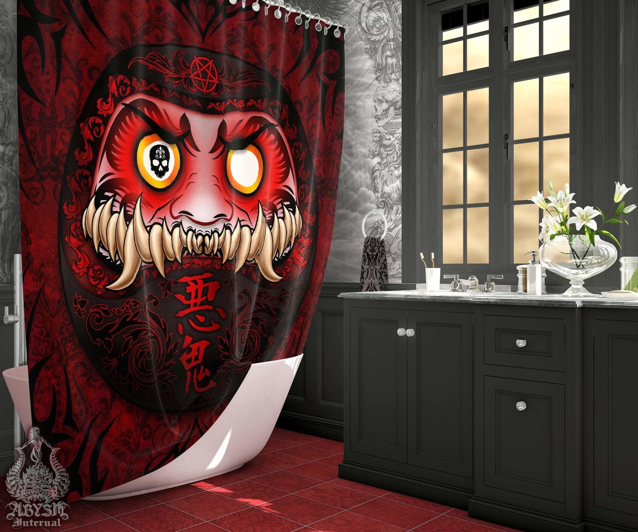 Monster Daruma Shower Curtain, Japanese Bathroom Decor, Anime, Funny Decor - Demon - Abysm Internal
