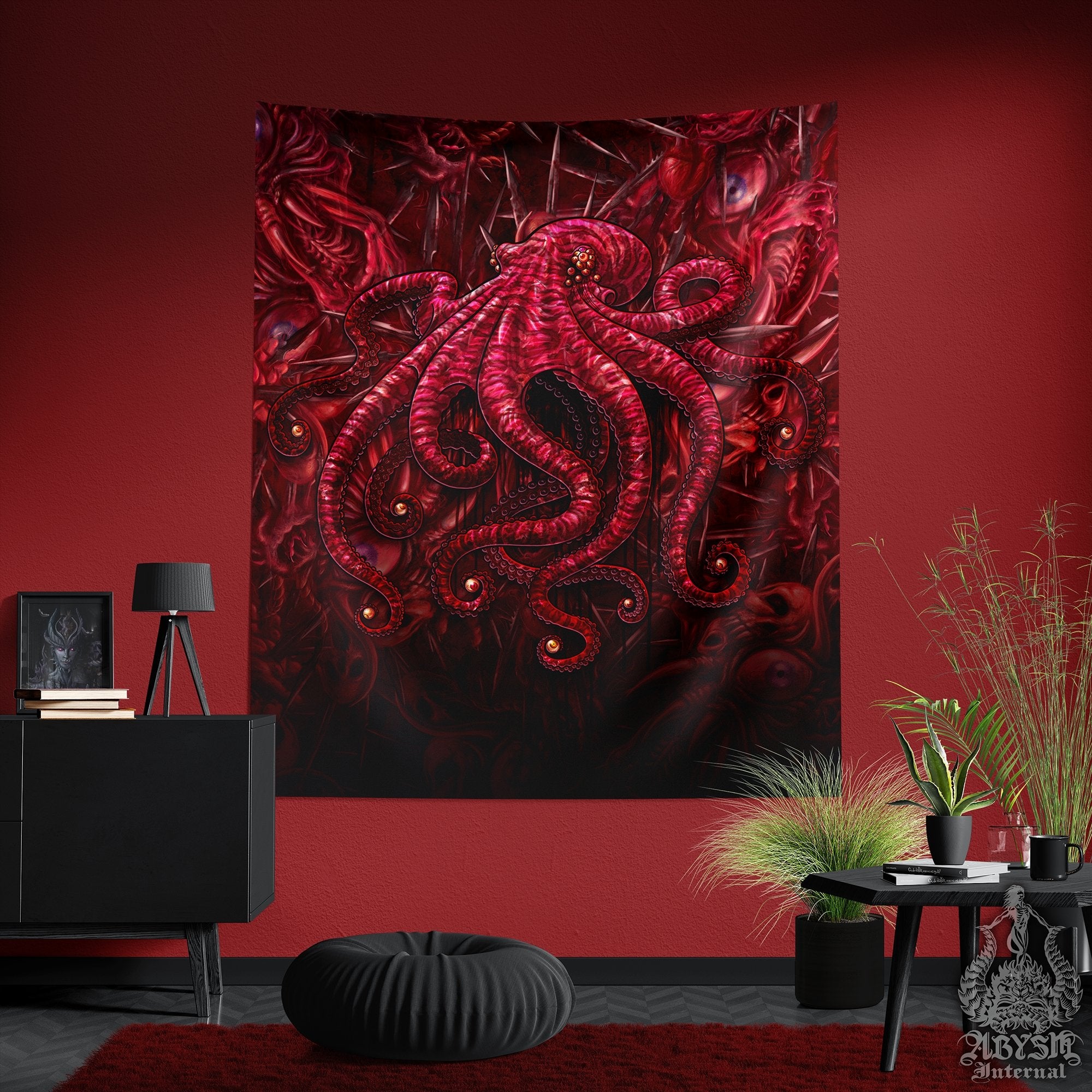 Monster Tapestry, Horror Wall Hanging, Halloween Home Decor, Art Print - Gore & Blood Octopus, Eyeballs - Abysm Internal