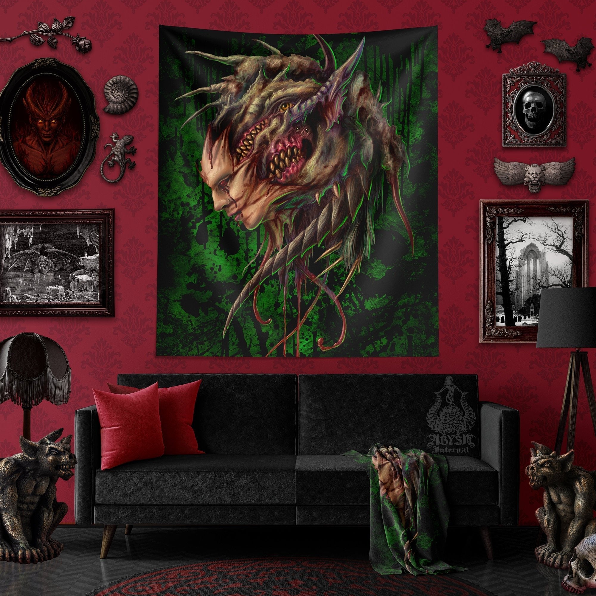 Monster Tapestry, Horror Wall Hanging, Halloween Home Decor, Art Print - Green - Abysm Internal