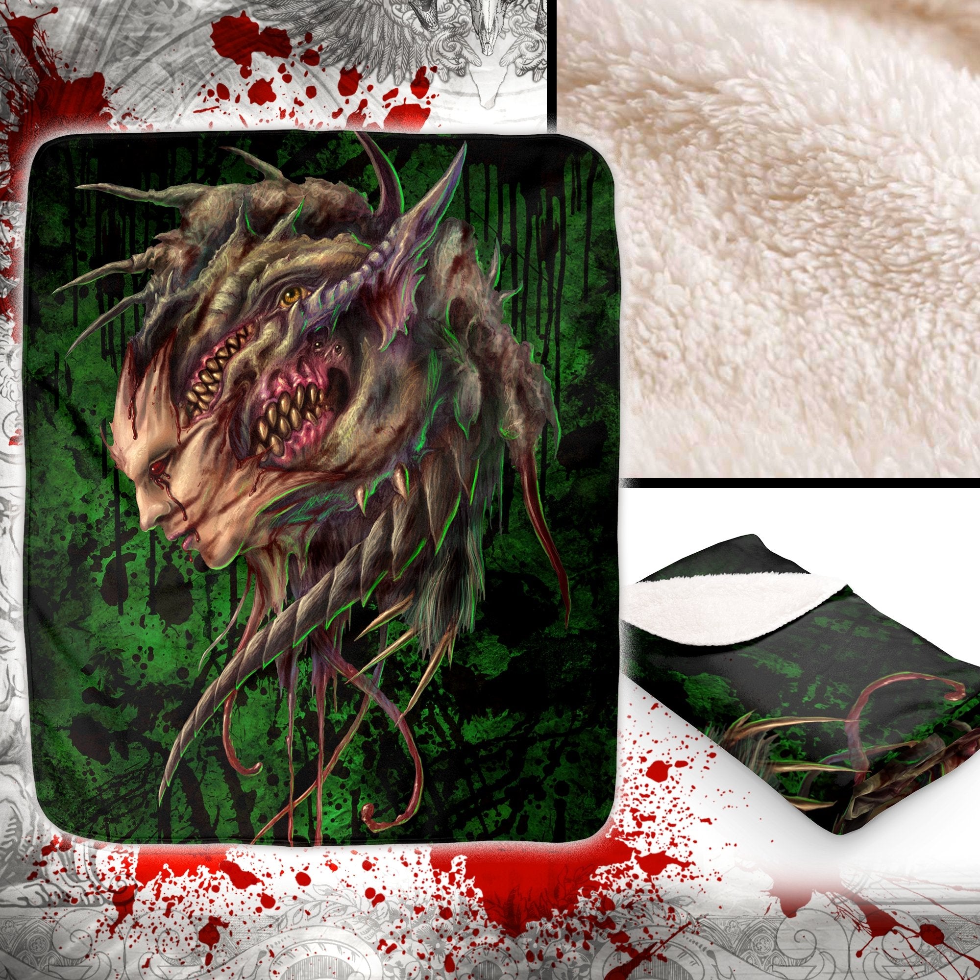 Monster Throw Fleece Blanket, Halloween Gift, Horror Art & Decor, Alternative Art Gift - Green - Abysm Internal