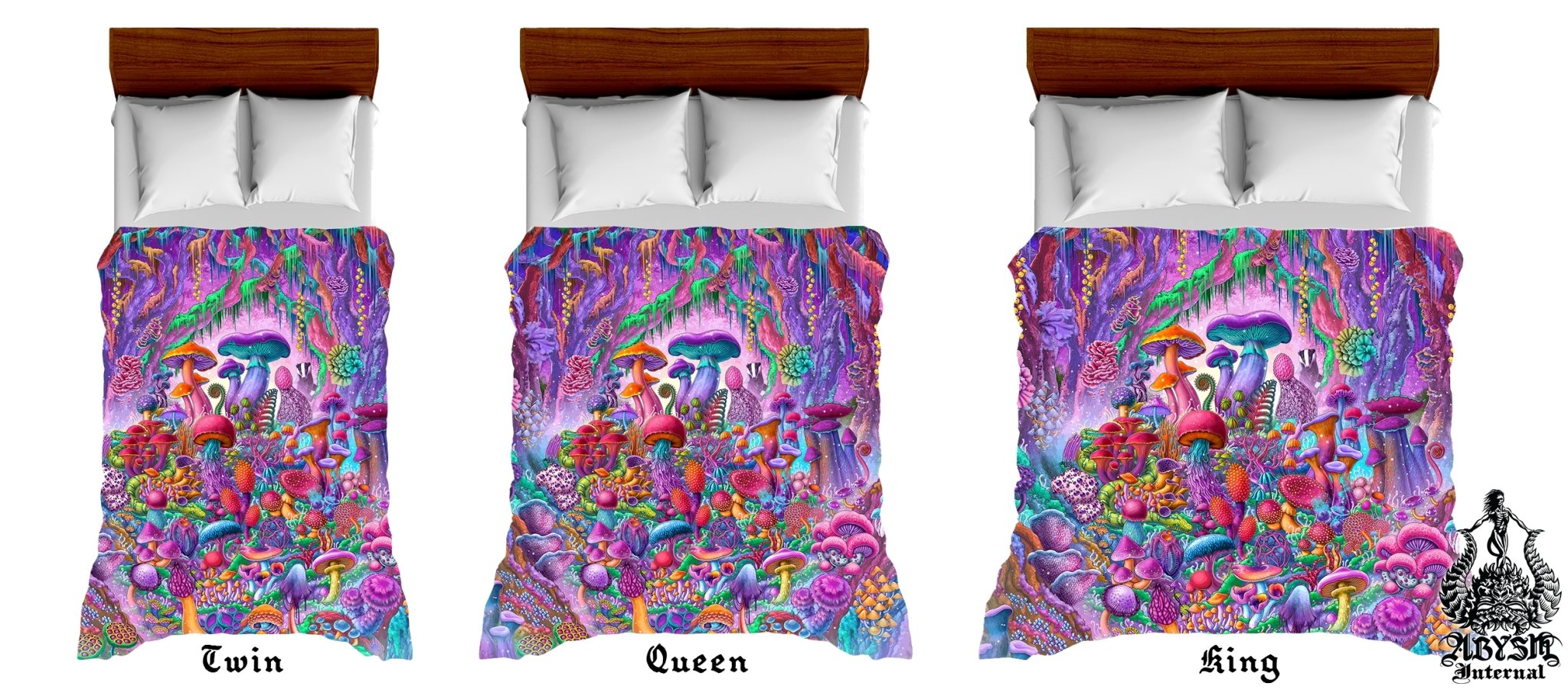 Mushrooms Bedding Set, Comforter and Duvet, Kids and Girls Fantasy Bed Cover, Psychedelic Bedroom Decor, King, Queen and Twin Size - Magic Shrooms, Aesthetic Pastel - Abysm Internal
