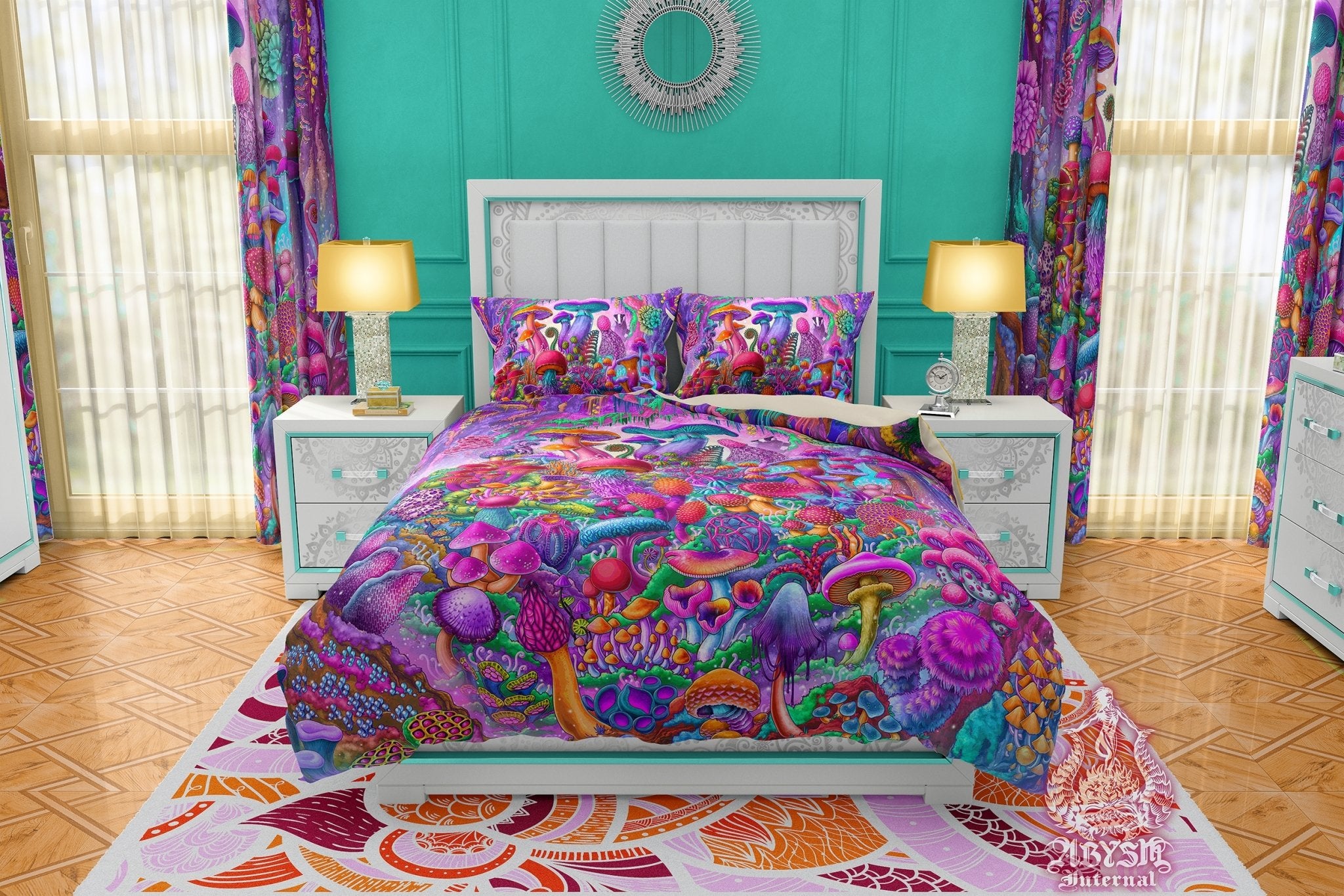 Mushrooms Bedding Set, Comforter and Duvet, Kids and Girls Fantasy Bed Cover, Psychedelic Bedroom Decor, King, Queen and Twin Size - Magic Shrooms, Aesthetic Pastel - Abysm Internal