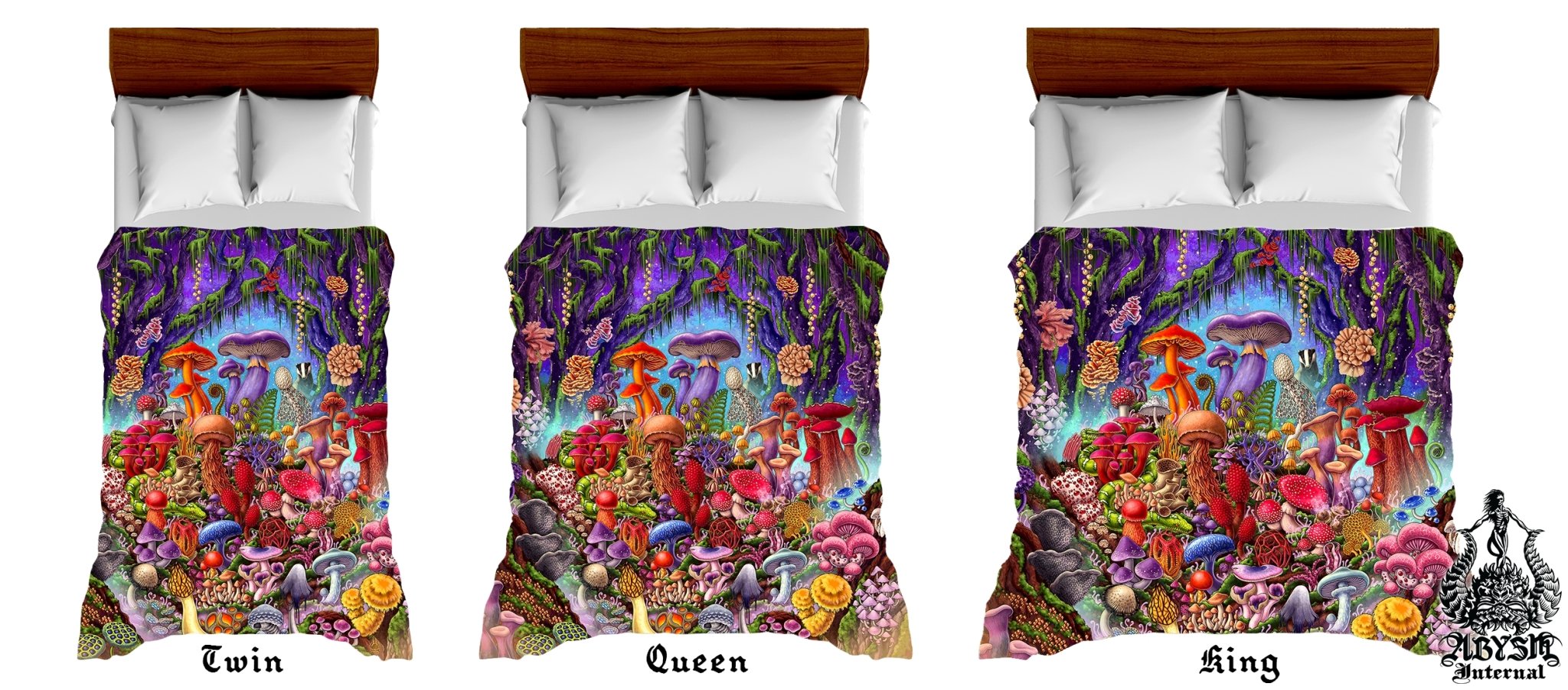 Mushrooms Bedding Set, Comforter and Duvet, Kids Fantasy Bed Cover, Bedroom Decor, King, Queen and Twin Size - Magic Forest, Original Colors - Abysm Internal