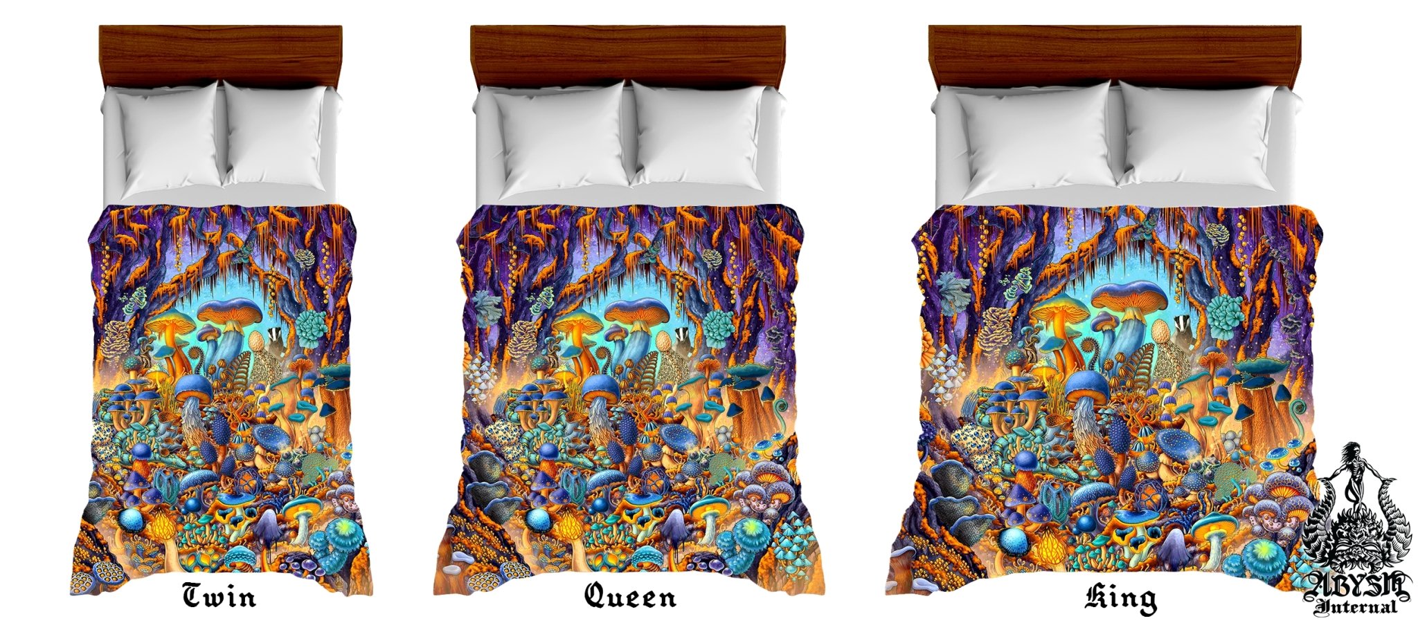Mushrooms Bedding Set, Comforter and Duvet, Kids Fantasy Bed Cover, Bedroom Decor, King, Queen and Twin Size - Magic Shrooms, Cyan and Gold - Abysm Internal