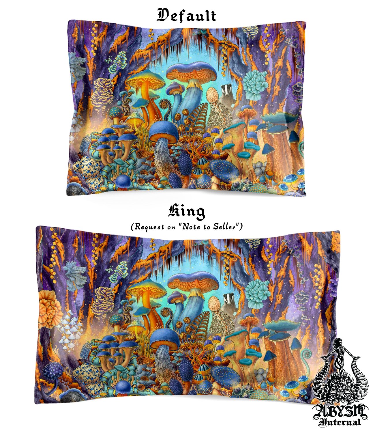 Mushrooms Bedding Set, Comforter and Duvet, Kids Fantasy Bed Cover, Bedroom Decor, King, Queen and Twin Size - Magic Shrooms, Cyan and Gold - Abysm Internal