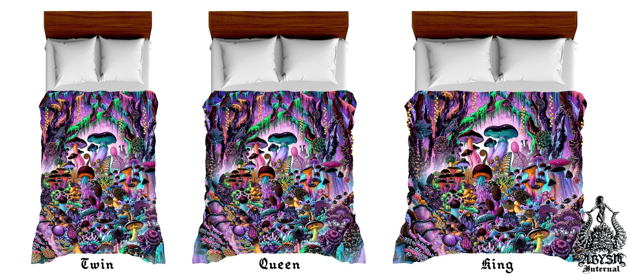 Mushrooms Bedding Set, Comforter and Duvet, Kids Fantasy Bed Cover, Psychedelic Bedroom Decor, King, Queen and Twin Size - Magic Shrooms, Aesthetic Pastel Black - Abysm Internal