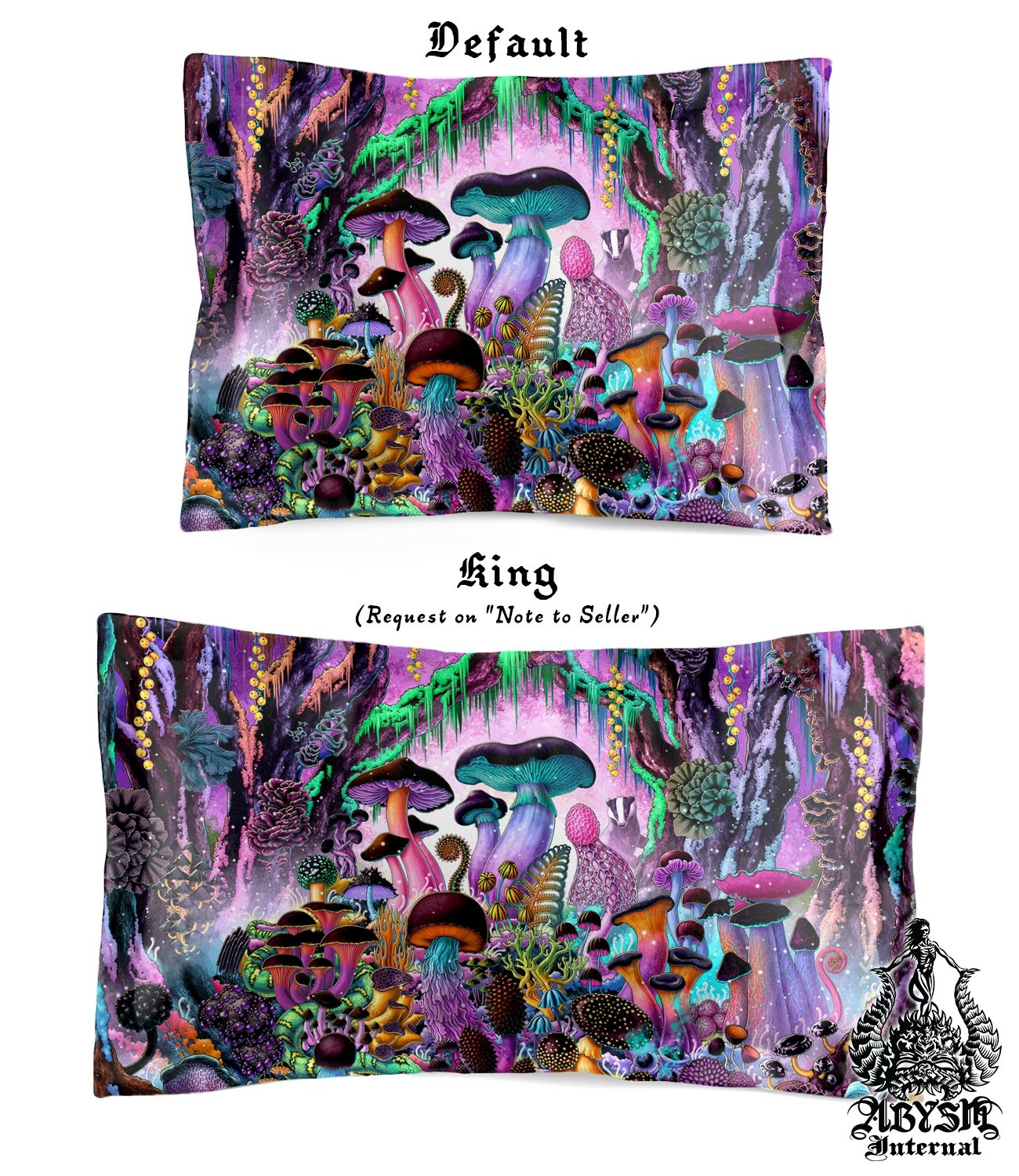Mushrooms Bedding Set, Comforter and Duvet, Kids Fantasy Bed Cover, Psychedelic Bedroom Decor, King, Queen and Twin Size - Magic Shrooms, Aesthetic Pastel Black - Abysm Internal