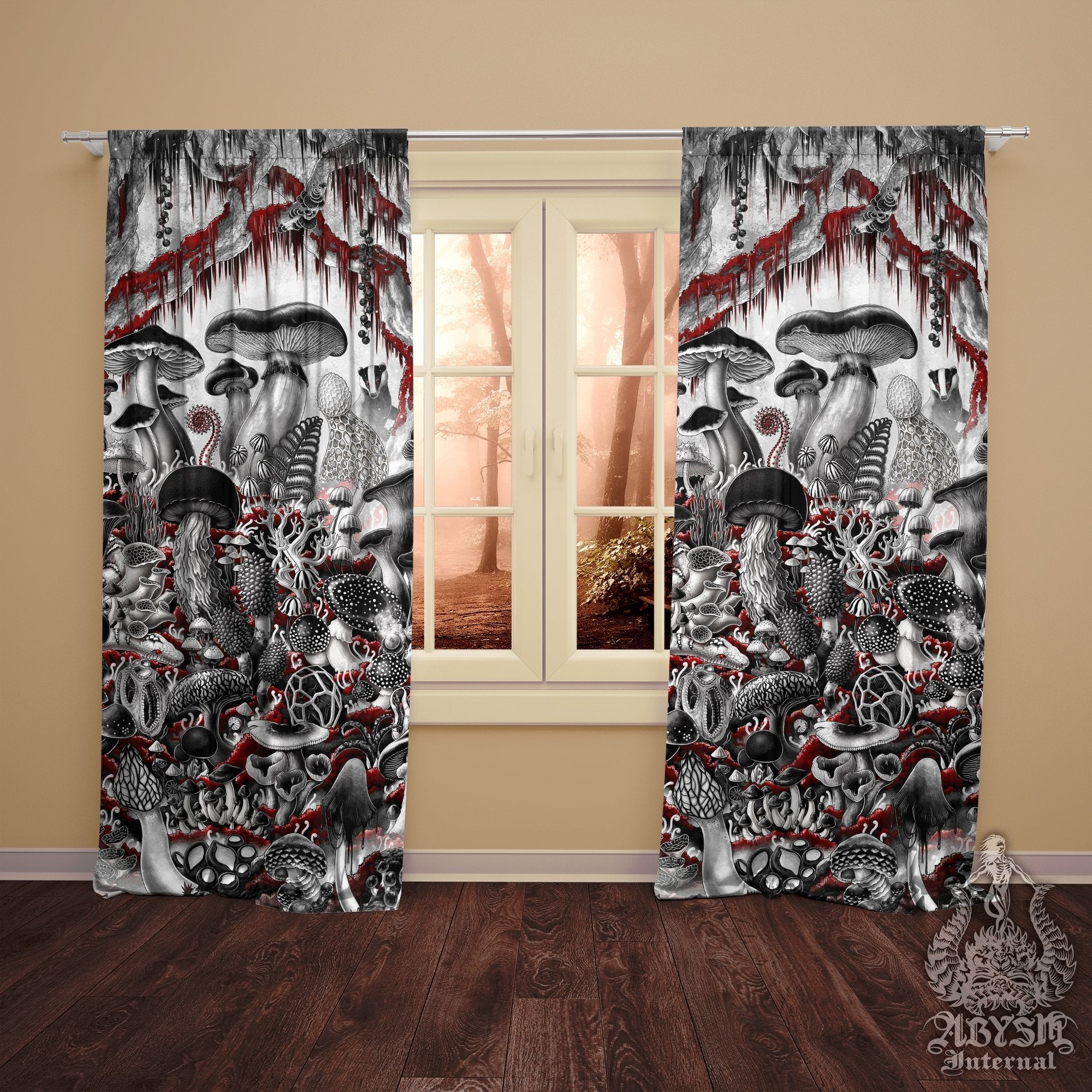 Mushrooms Blackout Curtains, Long Window Panels, Gothic Art Print, Home and Room Decor - Magic Shrooms, Black and White Goth - Abysm Internal